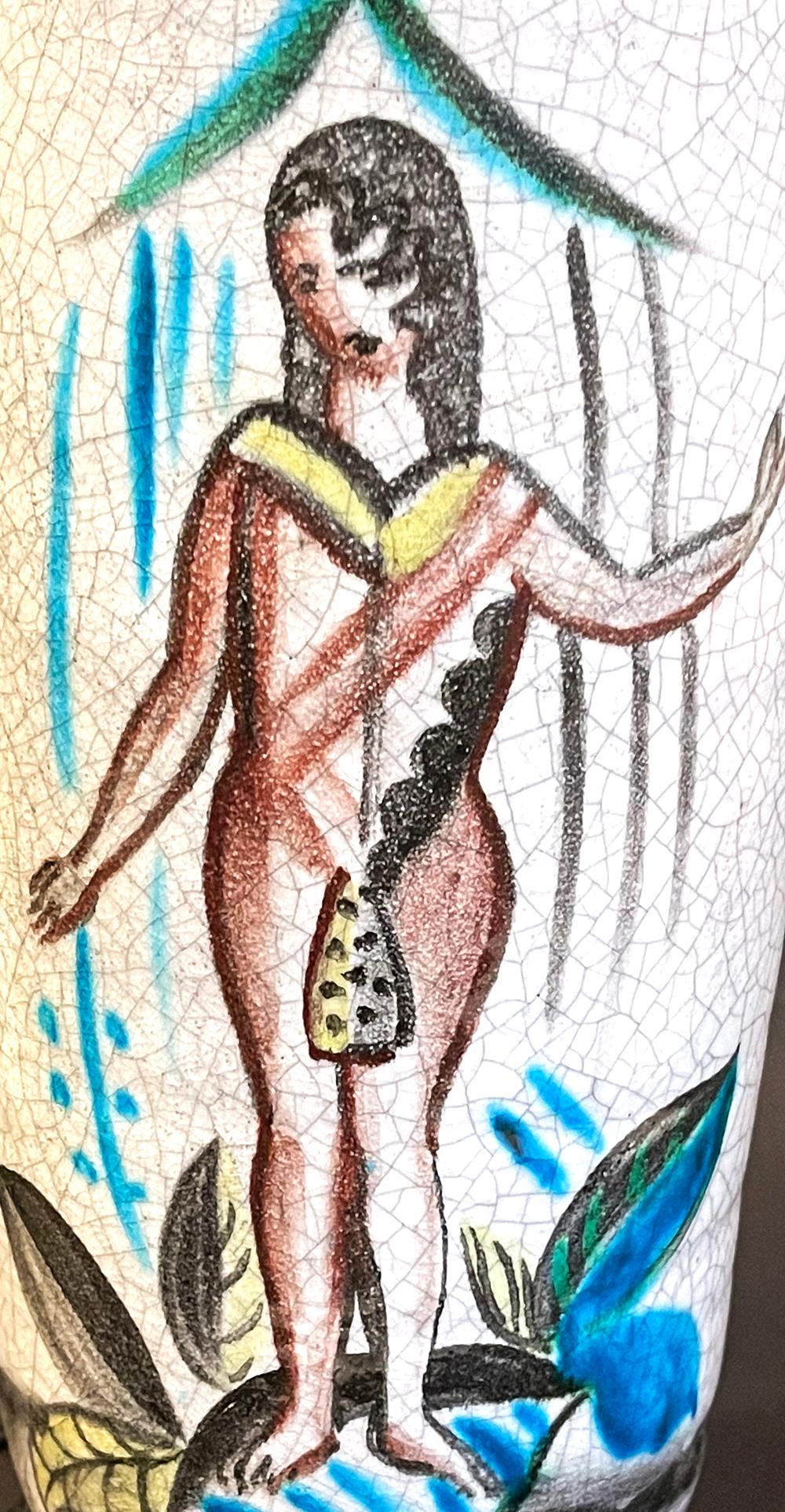 Smaltato Base per lampada italiana con Pulcinella e nudo femminile, ceramica Art Déco, epoca Ponti in vendita