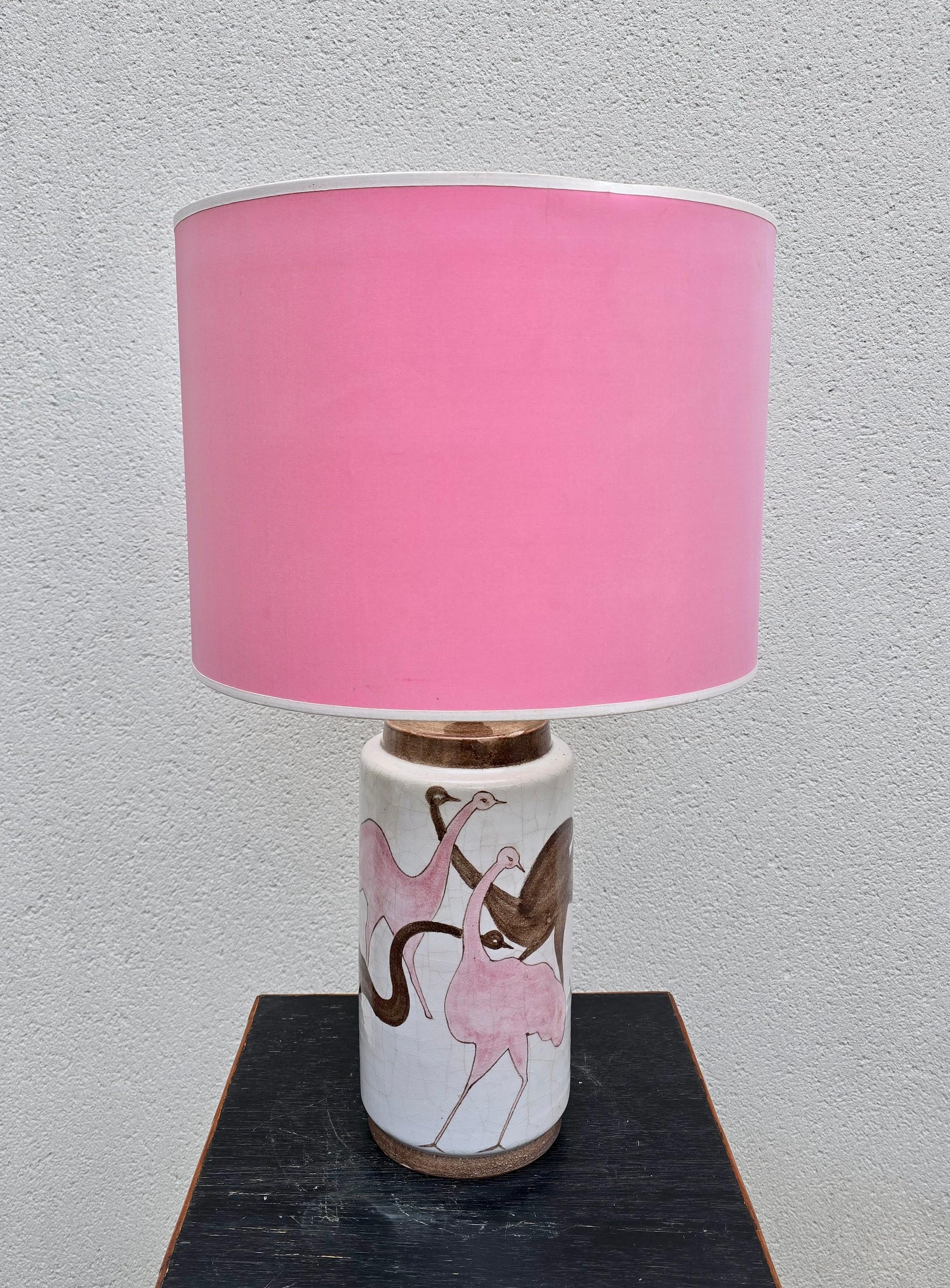 Hollywood Regency Italian Lamp Hand painted Ceramic with Ostriches, Salerno For Sale