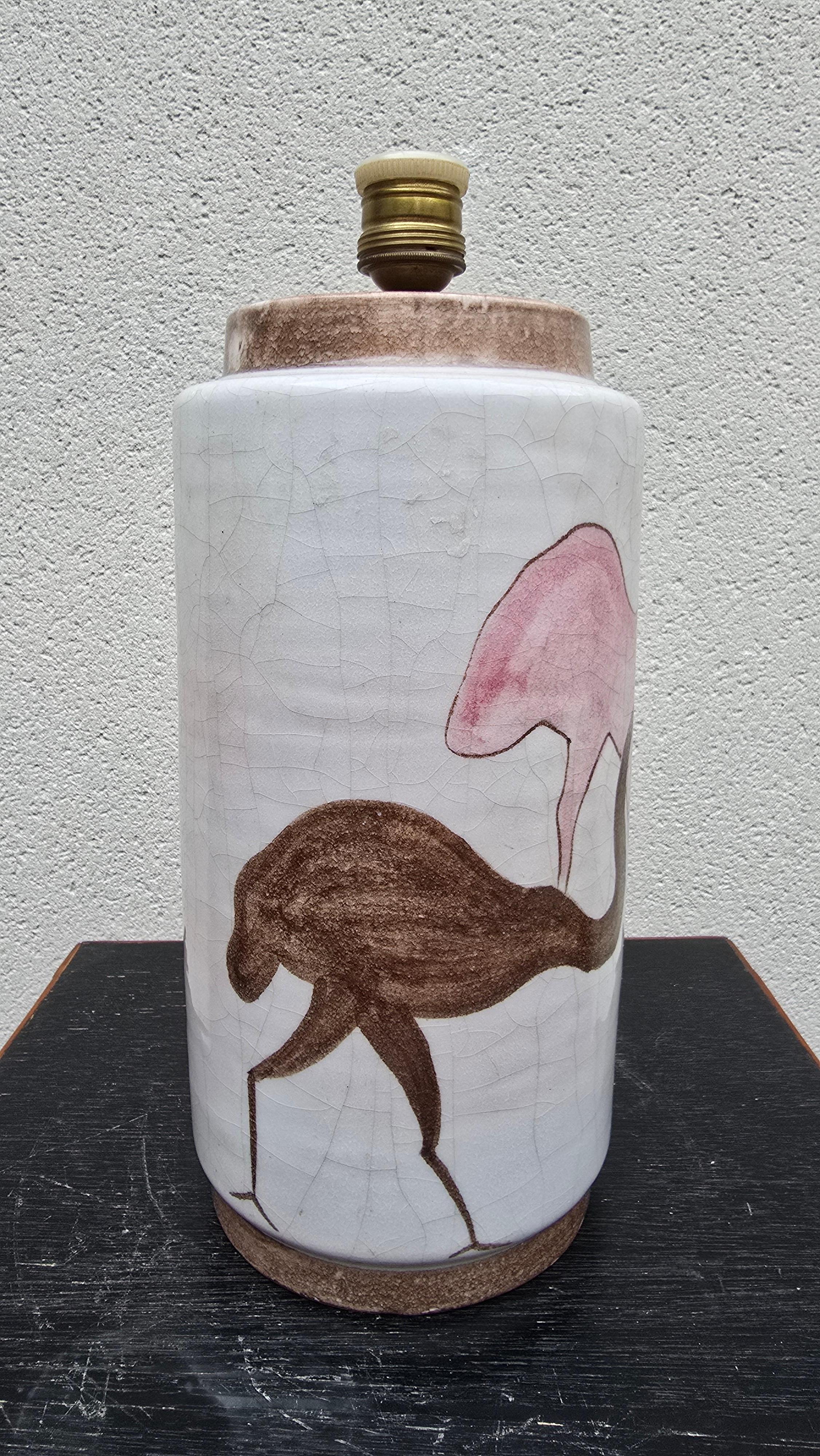 20th Century Italian Lamp Hand painted Ceramic with Ostriches, Salerno For Sale