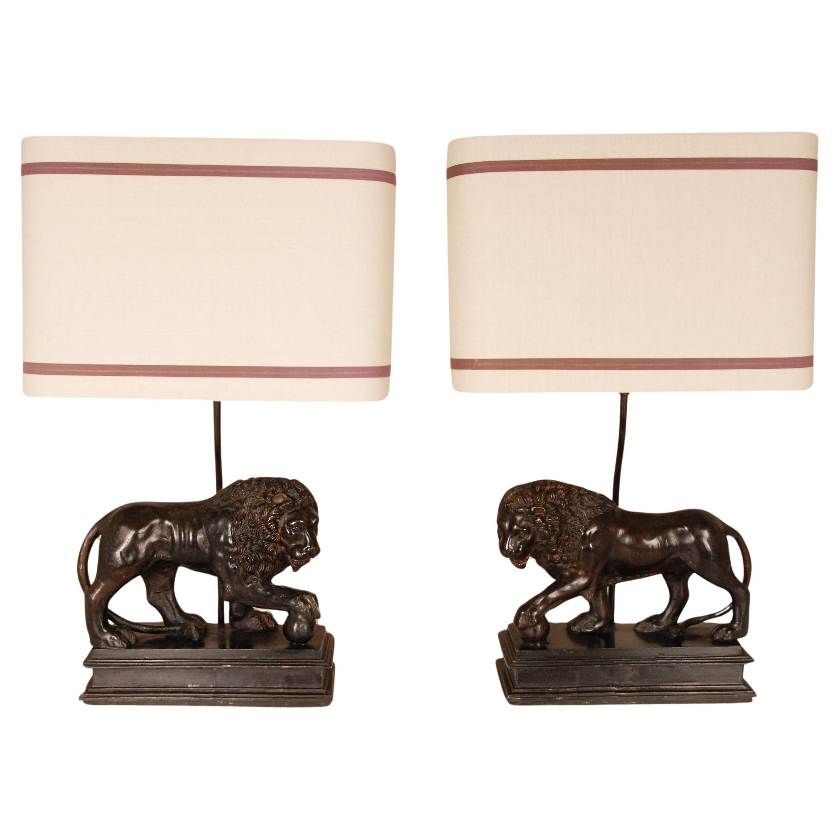 Italian Lamps Patinated Bronze Medici Lion Animal Figures Table Lamps a pair  For Sale