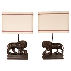Italian Lamps Patinated Bronze Medici Lion Animal Figures Table Lamps a pair