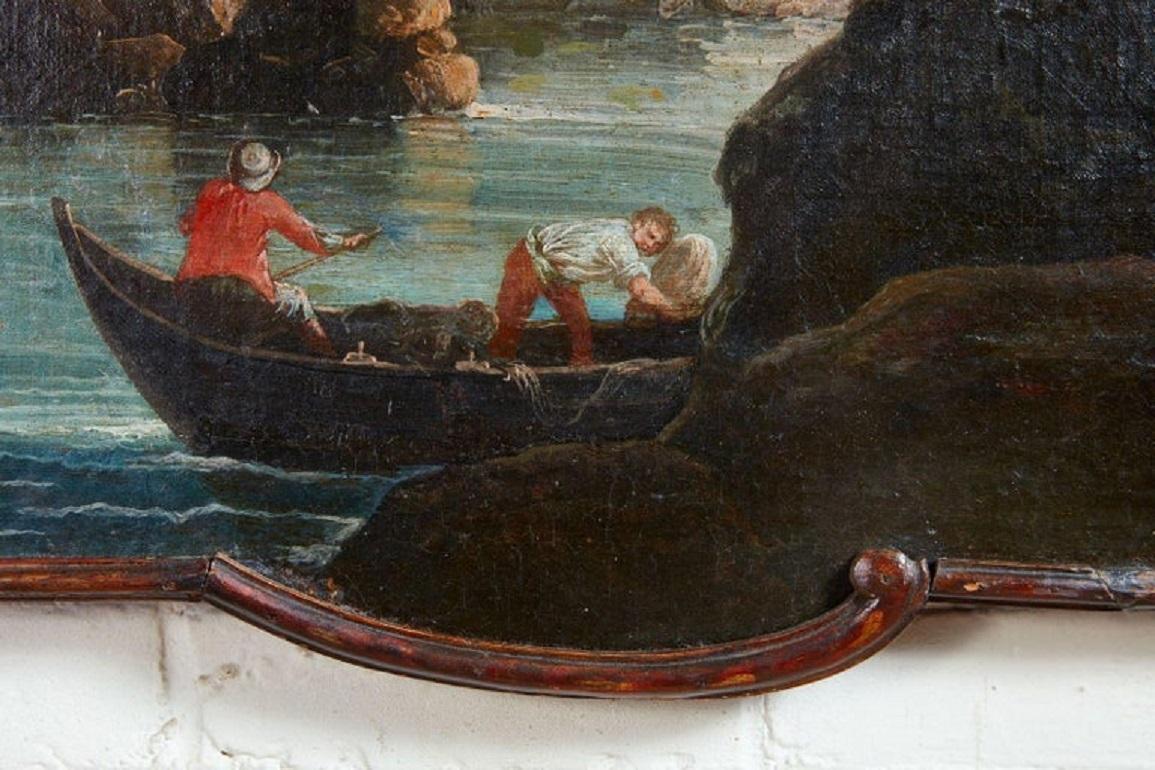 18. Jahrhundert Öl auf Leinwand einer mediterranen Hafenszene, in der Art von Claude Vernet (1714-1789), die eine phantasievolle Szene mit Schlössern und Villen im Hintergrund, mehrere Gruppen von Fischern auf dem Hafen und auf einem Felsvorsprung,