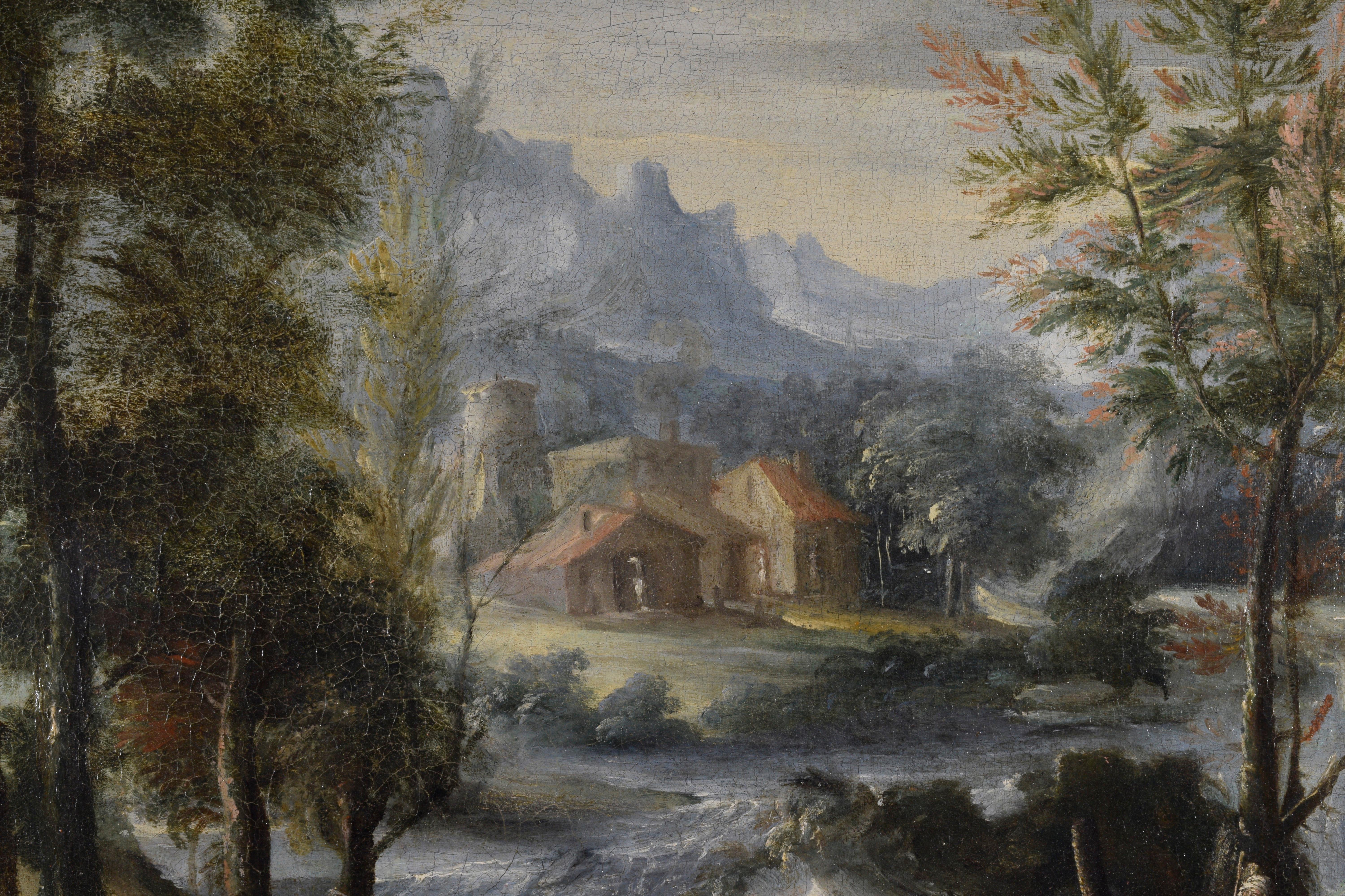 Italienische Landschaft, Italien, Öl auf Leinwand, frühes 18. Jahrhundert, Goldrahmen, venezianische Schule (Handgeschnitzt) im Angebot