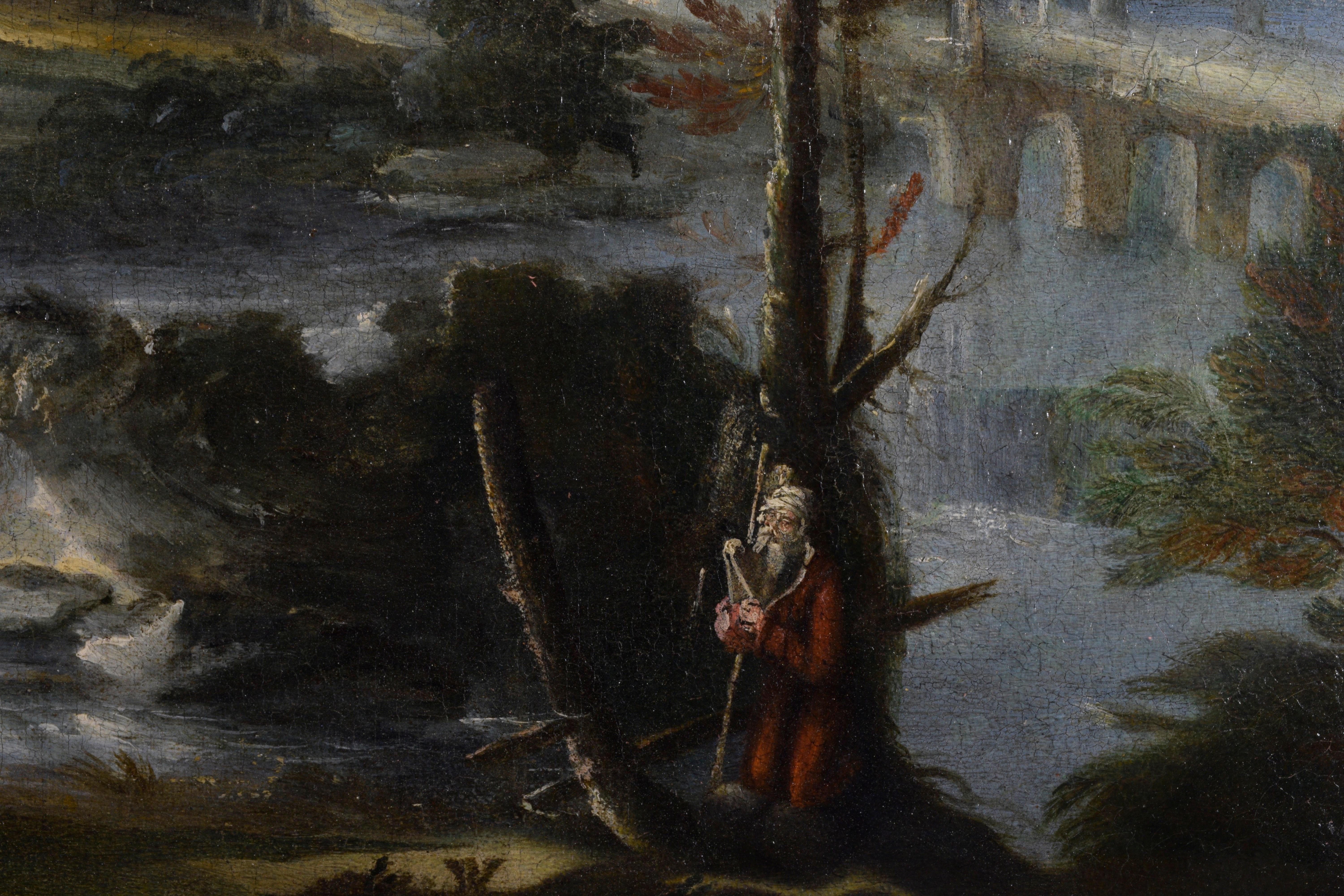 XVIIIe siècle Huile sur toile de paysage italienne avec cadre doré, début du 18ème siècle, école vénitienne en vente