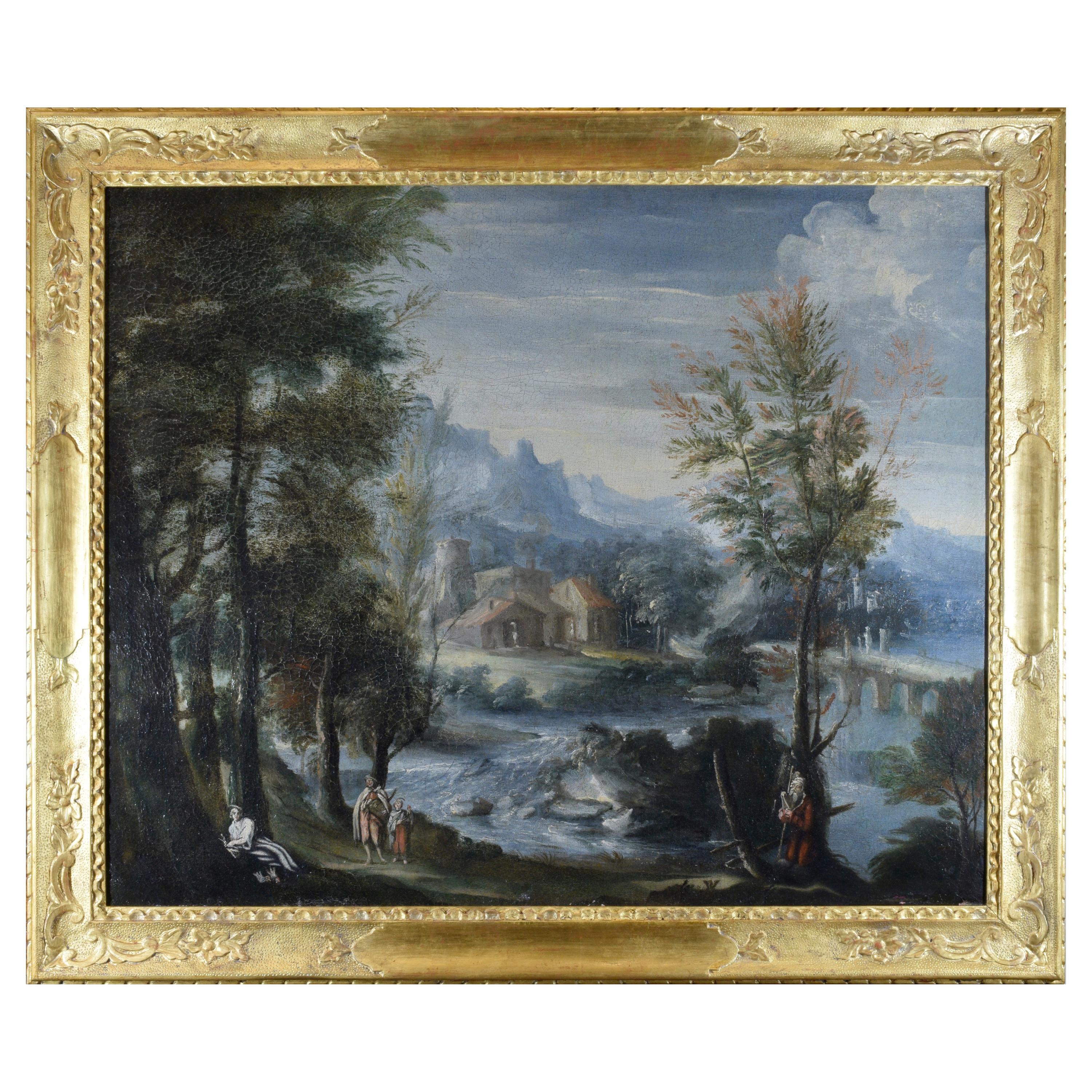 Huile sur toile de paysage italienne avec cadre doré, début du 18ème siècle, école vénitienne