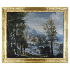 Italian Landscape Oil on Canvas Early 18th Century Gold Frame Venetian School