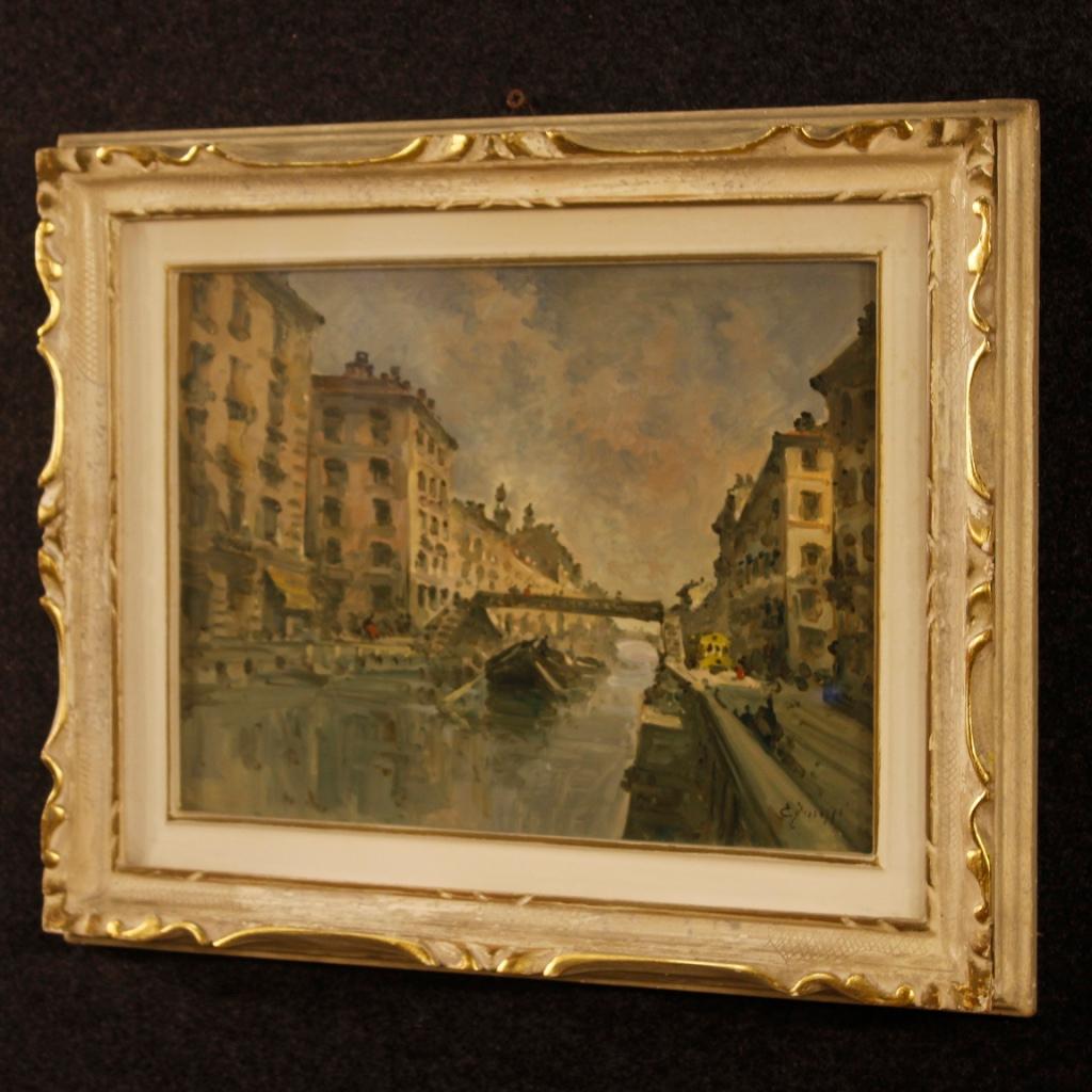 Italian Landscape Painting View of Milan Navigli Mixed-Media on Masonite 4