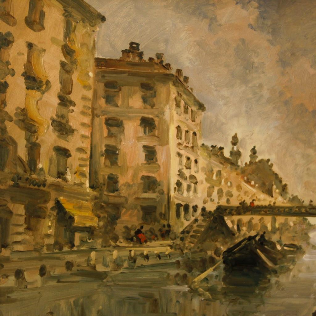 Italian Landscape Painting View of Milan Navigli Mixed-Media on Masonite In Good Condition In Vicoforte, Piedmont