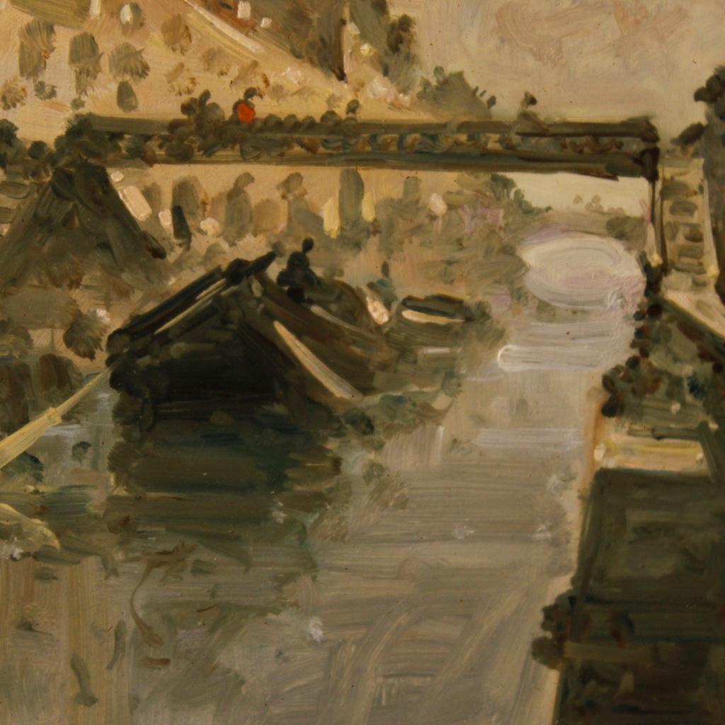 Wood Italian Landscape Painting View of Milan Navigli Mixed-Media on Masonite