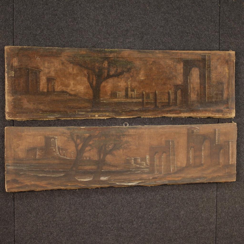 Italian painting from the first half of the 19th century. Opera oil on canvas, on the first canvas, depicting landscape, capriccio with rustic architecture. Framework that develops horizontally, of limited size, for antiquarians and collectors.
