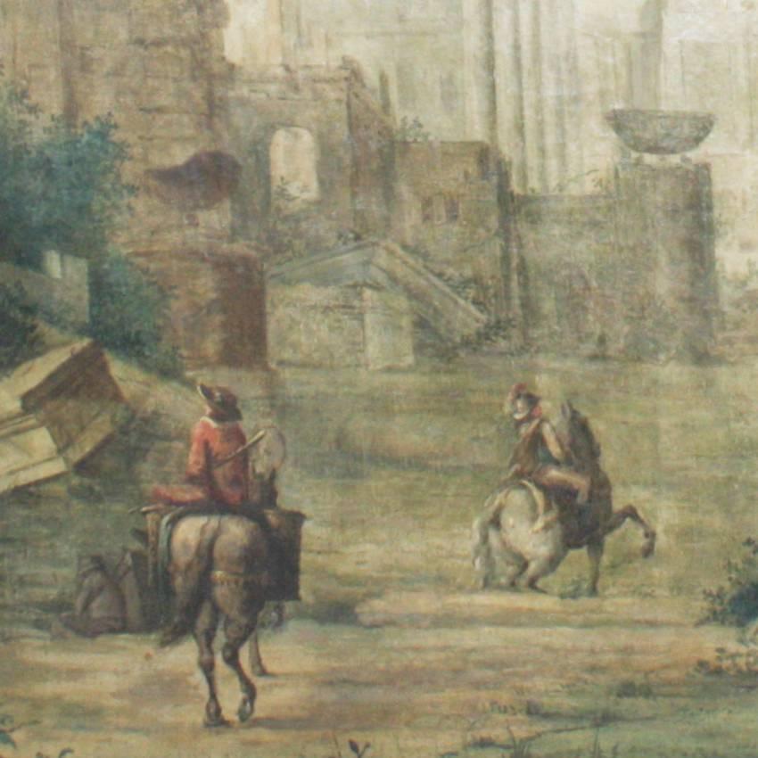 Italian landscape painting in soft colors with classical architecture ruins and staff age figures.
Size without frame: 112 x 149 cm.