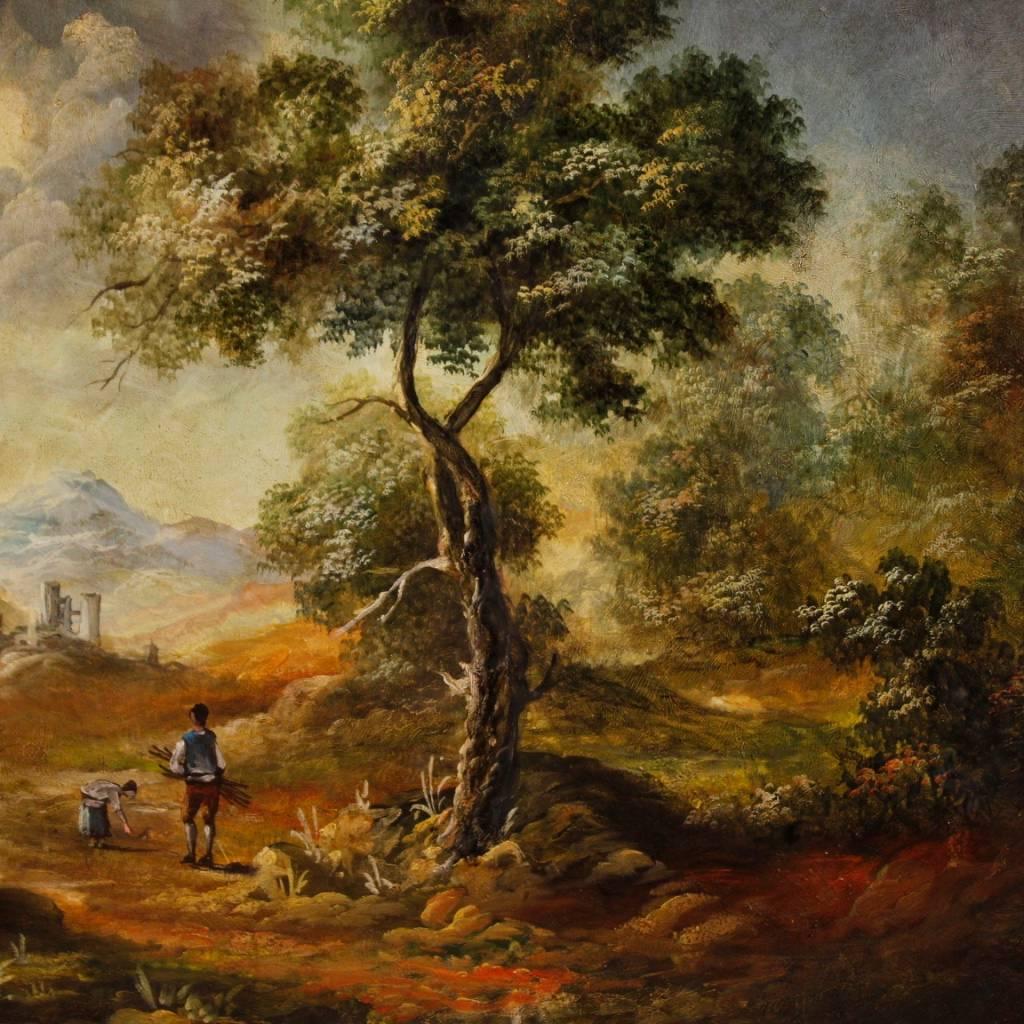 Gilt Italian Landscape with Characters Painting Oil on Canvas from 20th Century
