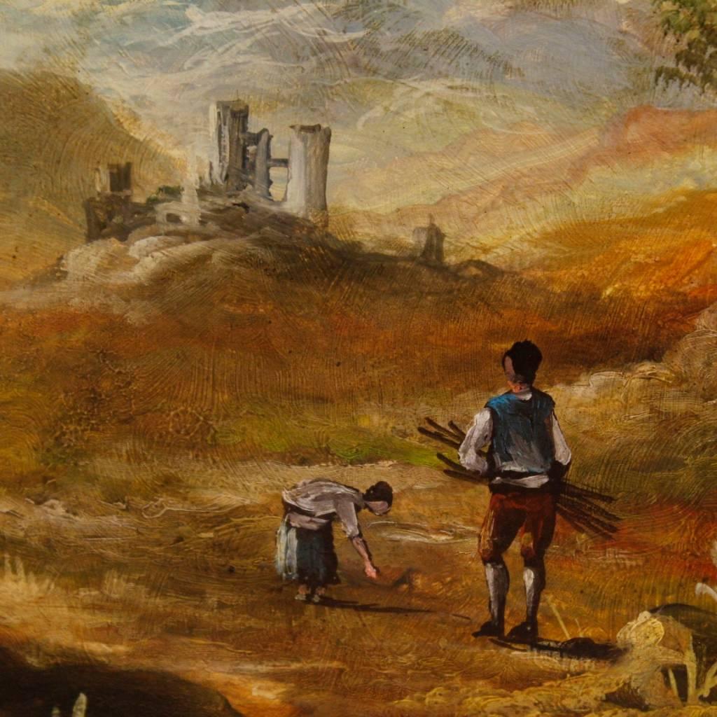 Italian Landscape with Characters Painting Oil on Canvas from 20th Century In Good Condition In Vicoforte, Piedmont