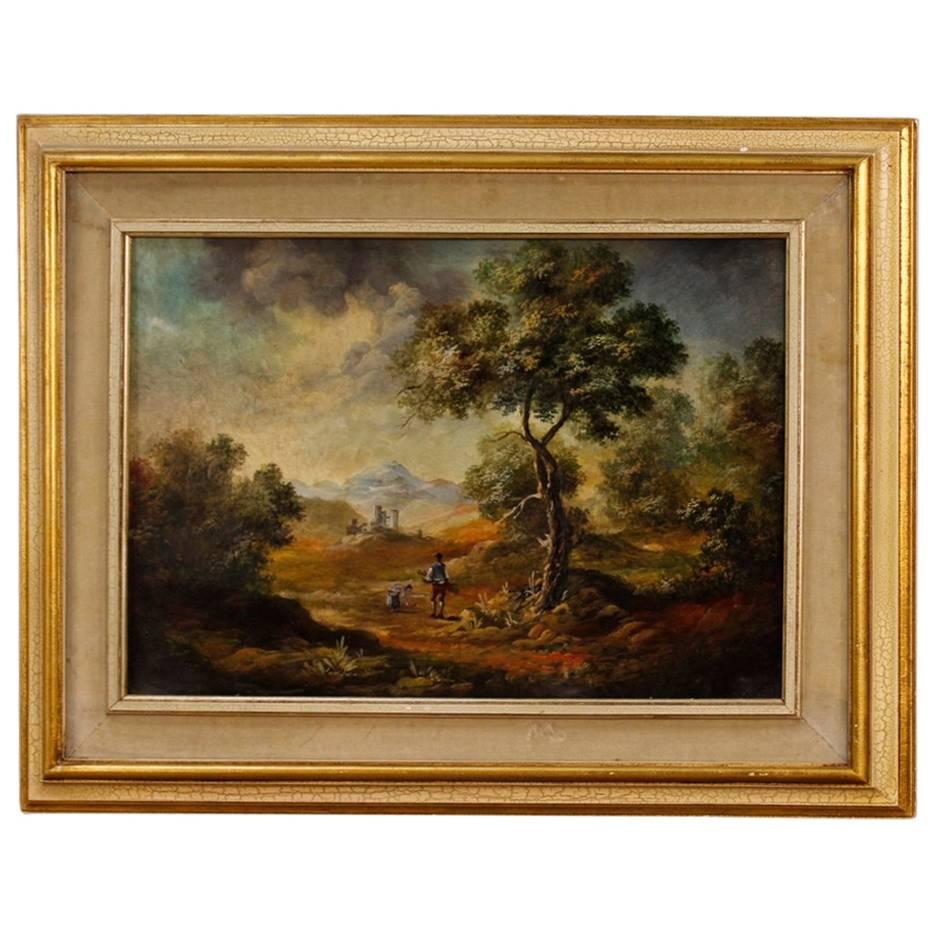 Italian Landscape with Characters Painting Oil on Canvas from 20th Century