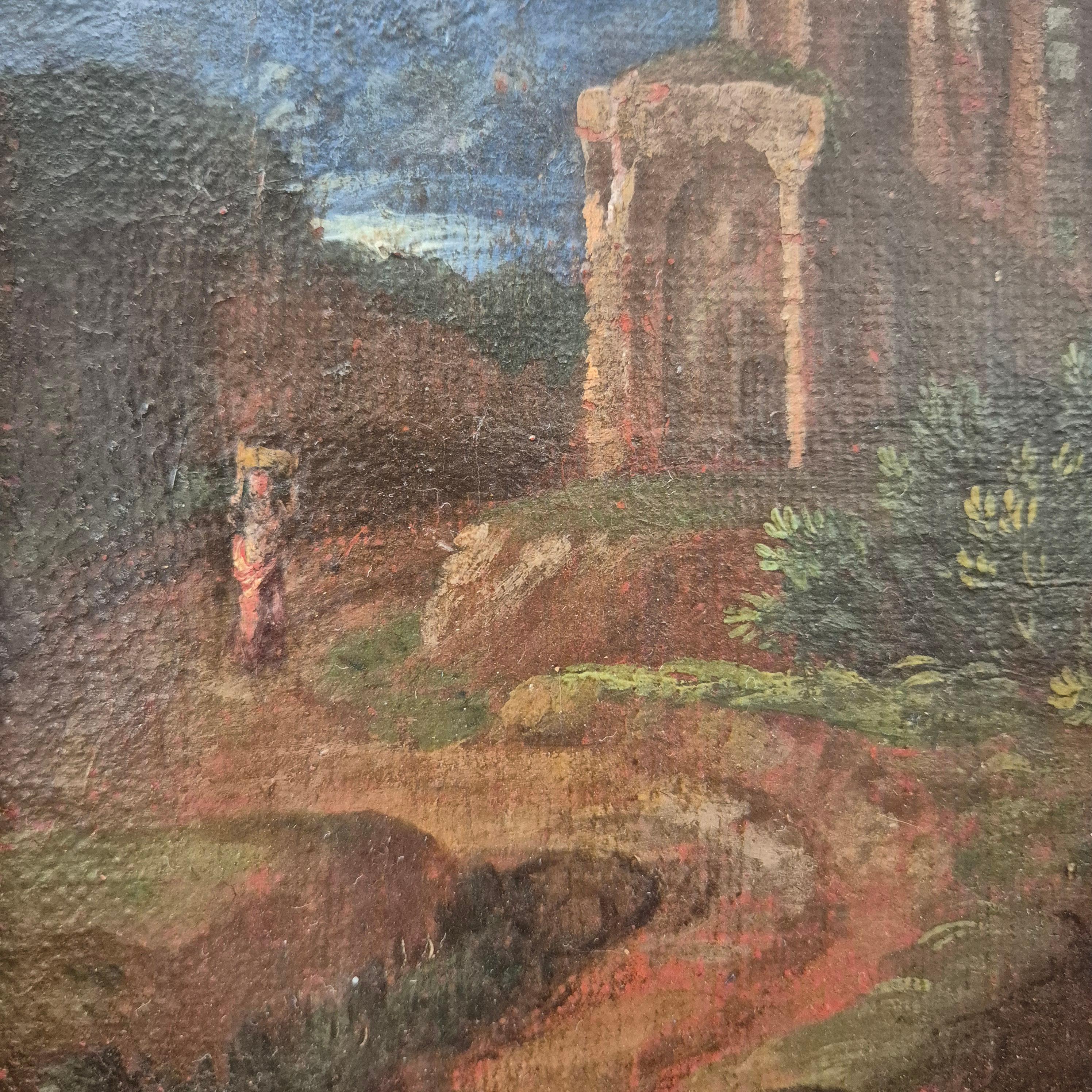 Paesaggio italiano con rovine, Olio su tela, XIX secolo in vendita 7