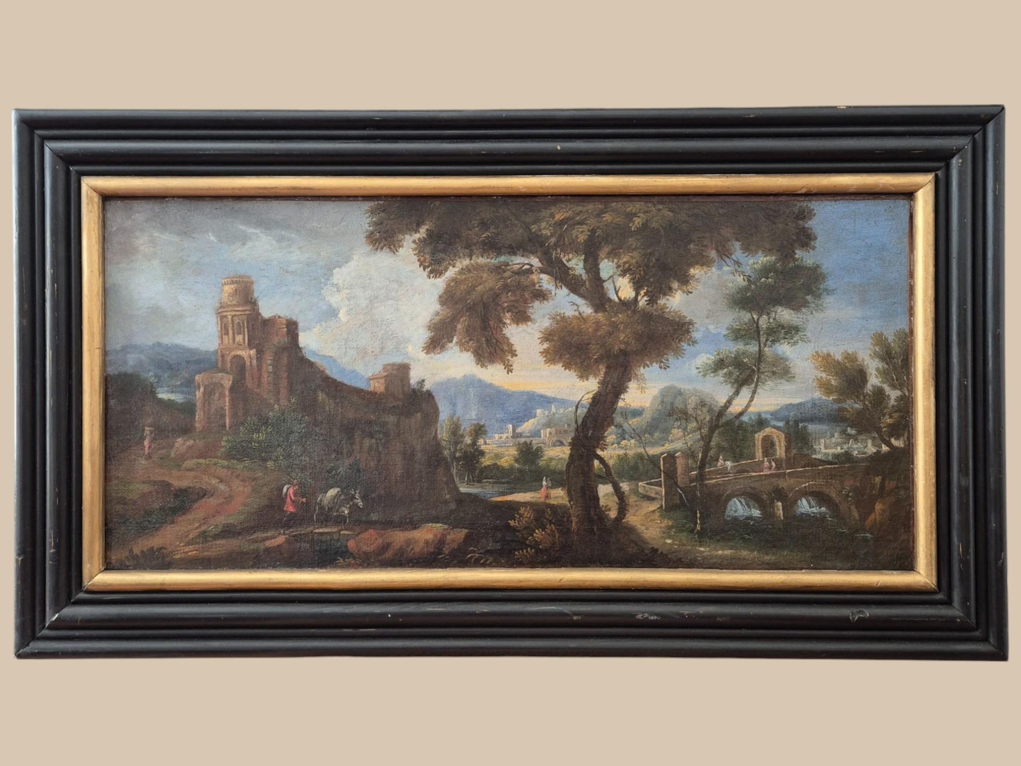 A olio Paesaggio italiano con rovine, Olio su tela, XIX secolo in vendita