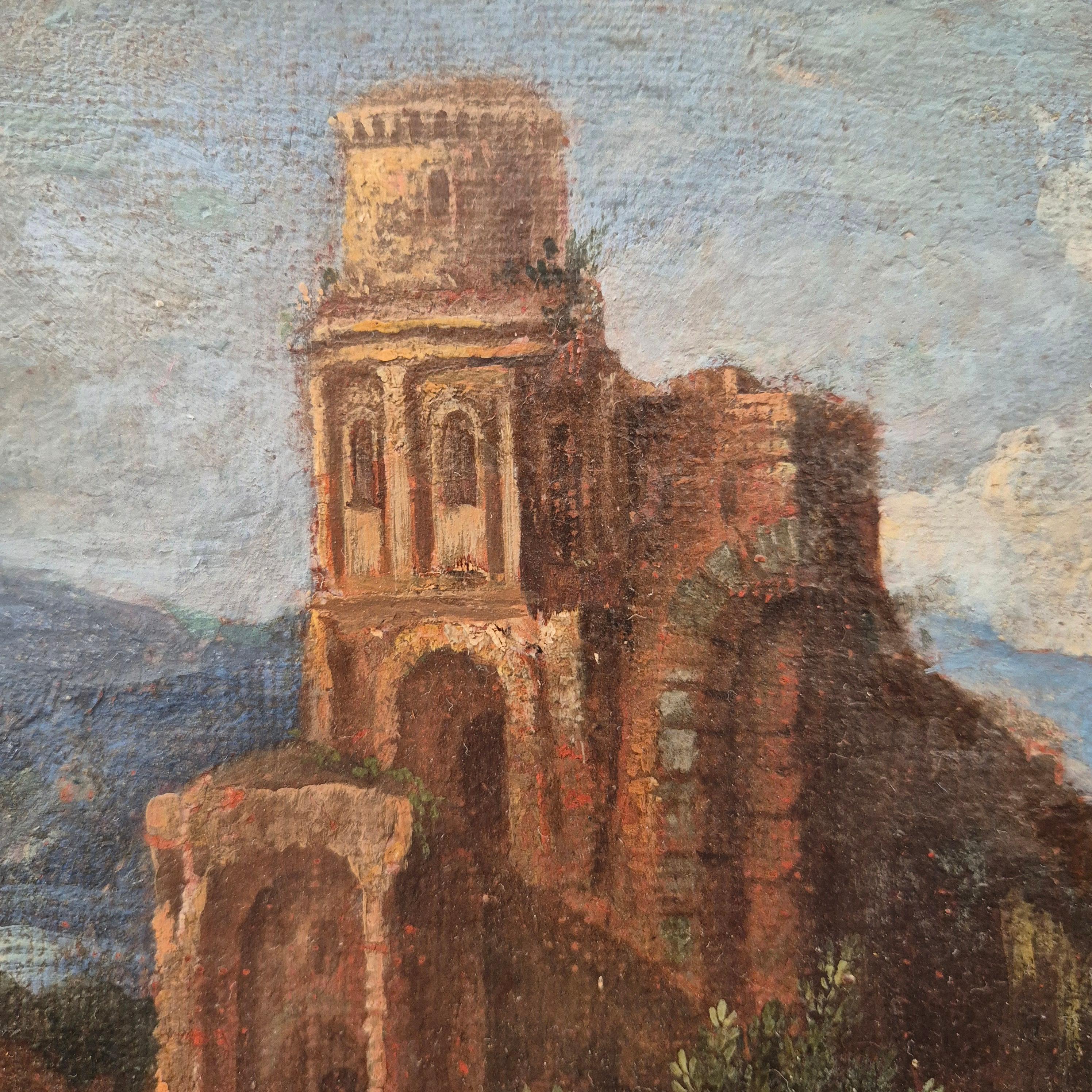 Metà XIX secolo Paesaggio italiano con rovine, Olio su tela, XIX secolo in vendita