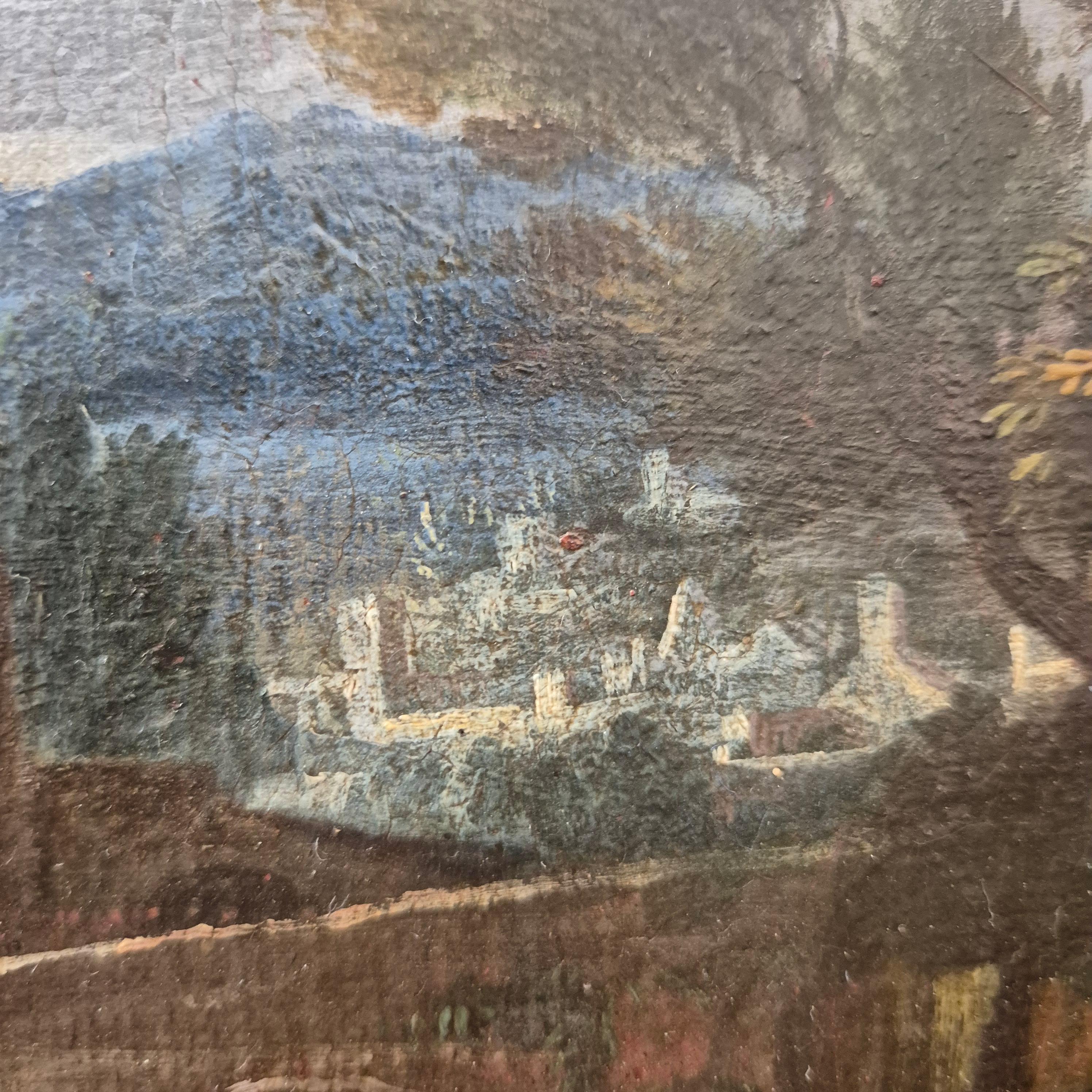 Paesaggio italiano con rovine, Olio su tela, XIX secolo in vendita 1