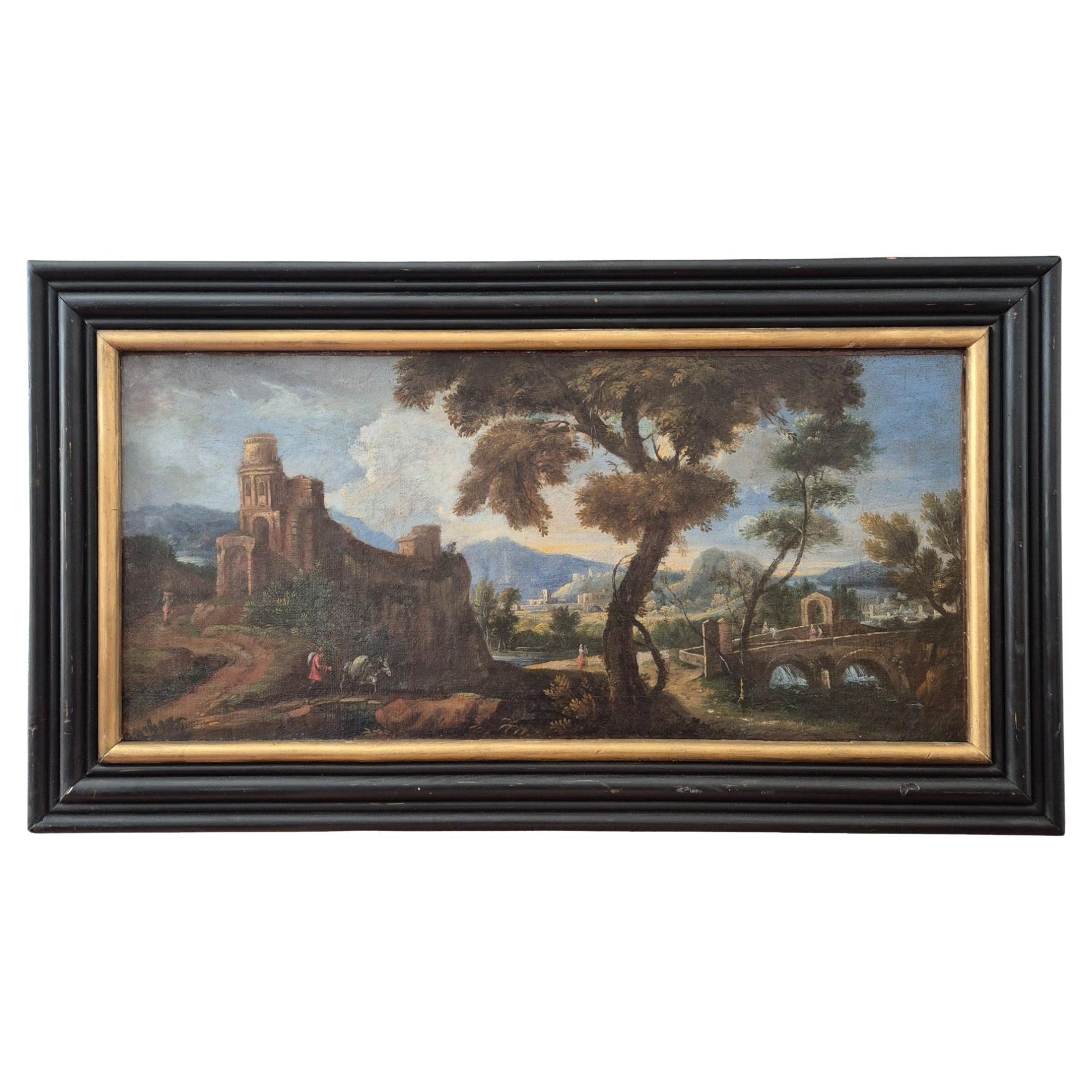 Paesaggio italiano con rovine, Olio su tela, XIX secolo in vendita