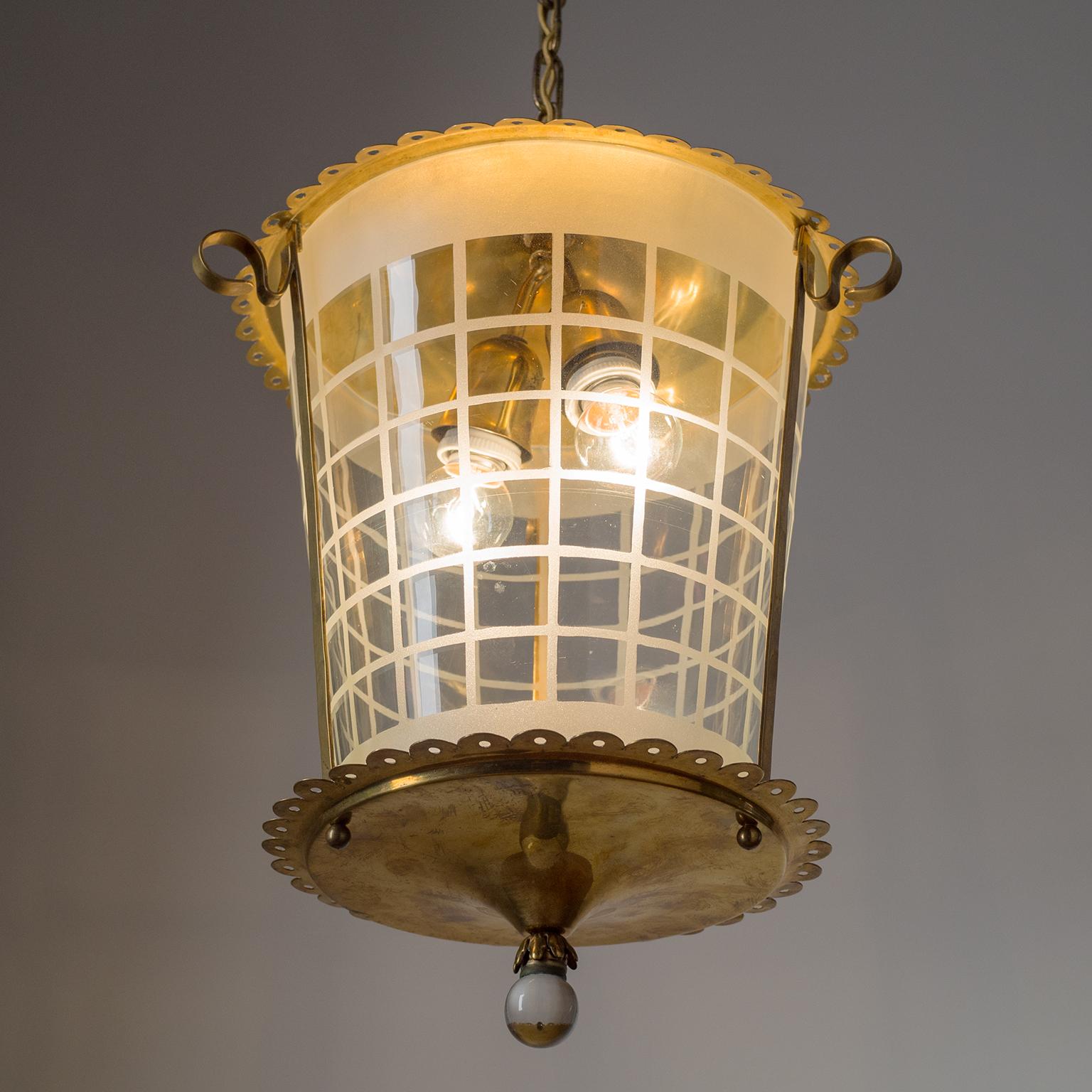 Etched Italian Lantern, 1930s, Brass and Glass