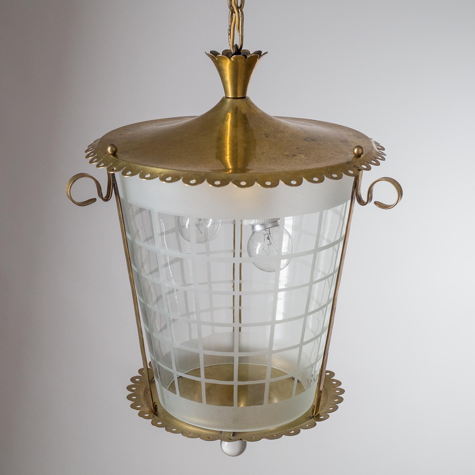 Mid-20th Century Italian Lantern, 1930s, Brass and Glass