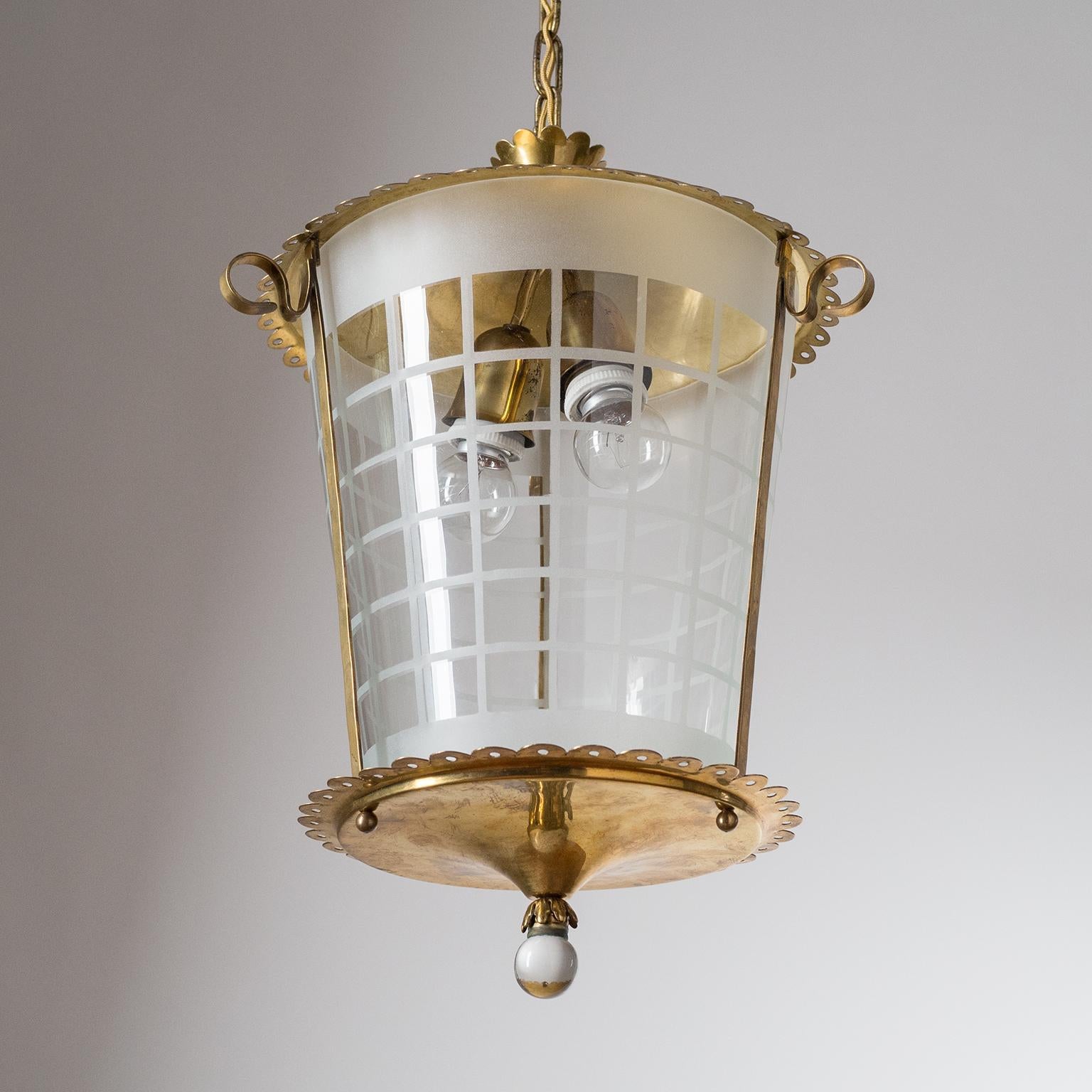 Italian Lantern, 1930s, Brass and Glass 2
