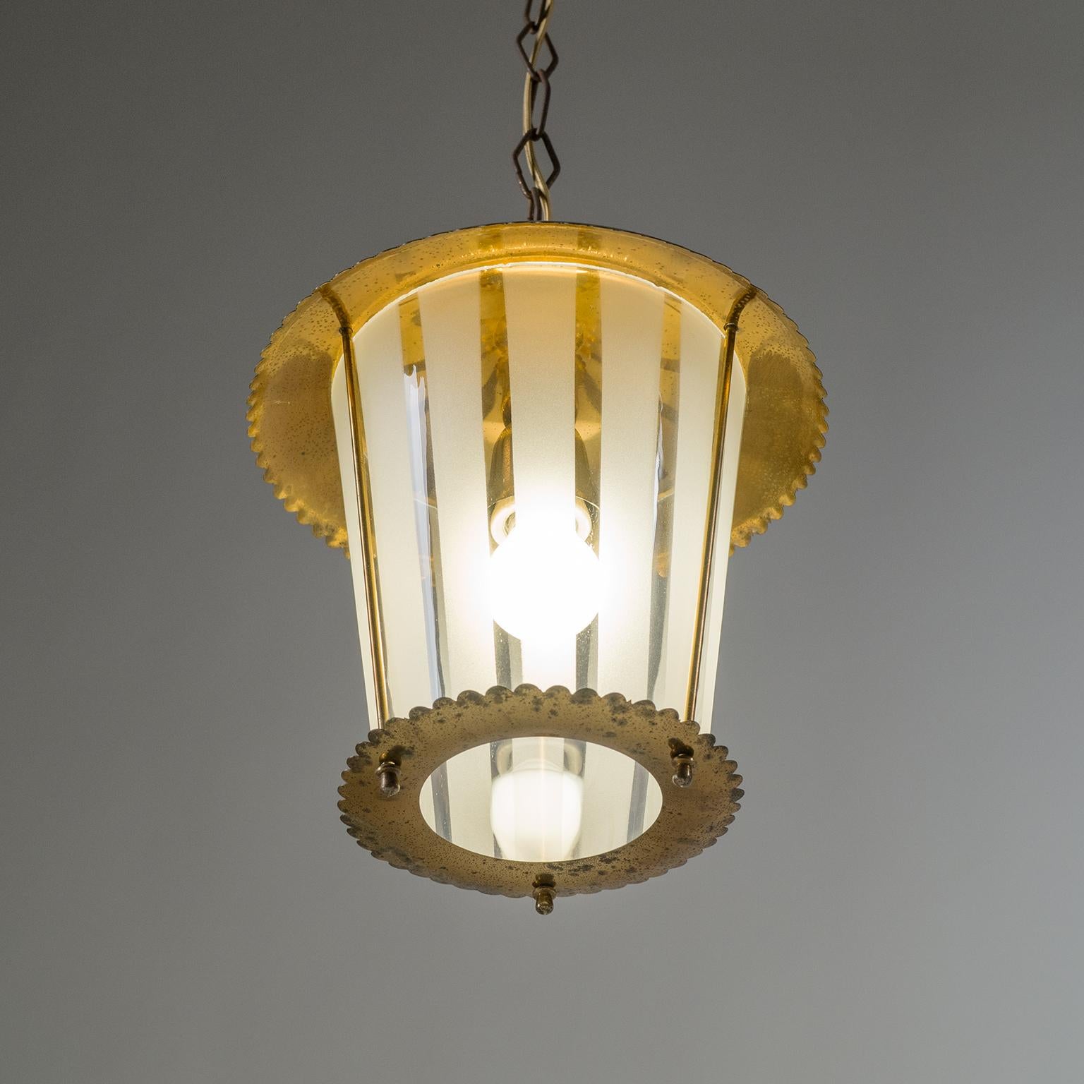 Frosted Italian Lantern, 1940s, Striped Glass and Brass