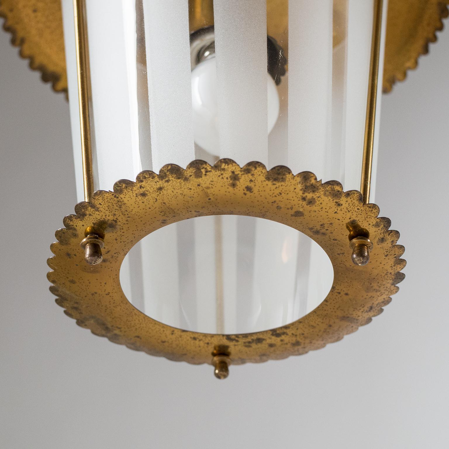 Mid-20th Century Italian Lantern, 1940s, Striped Glass and Brass