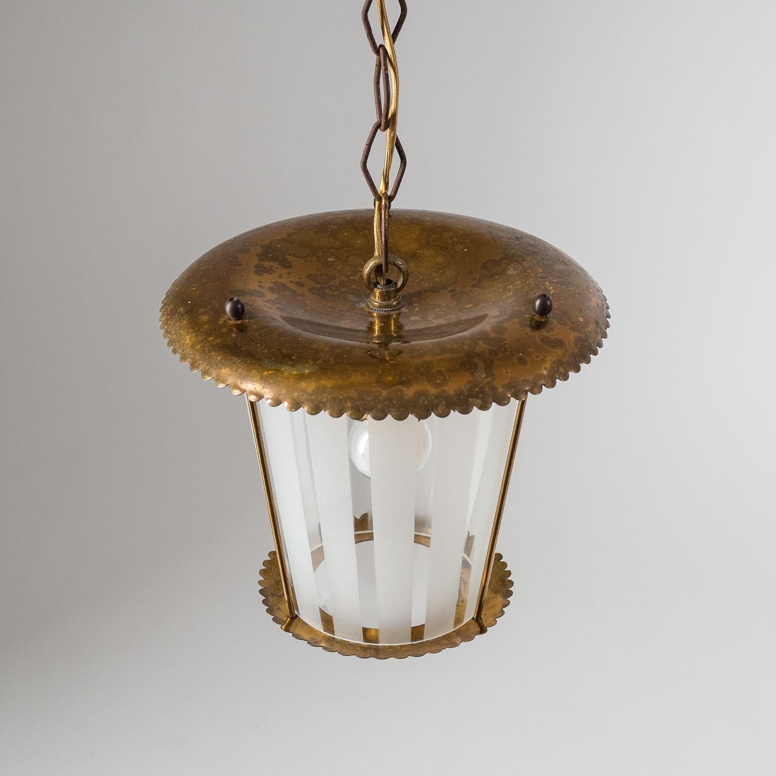 Italian Lantern, 1940s, Striped Glass and Brass 1