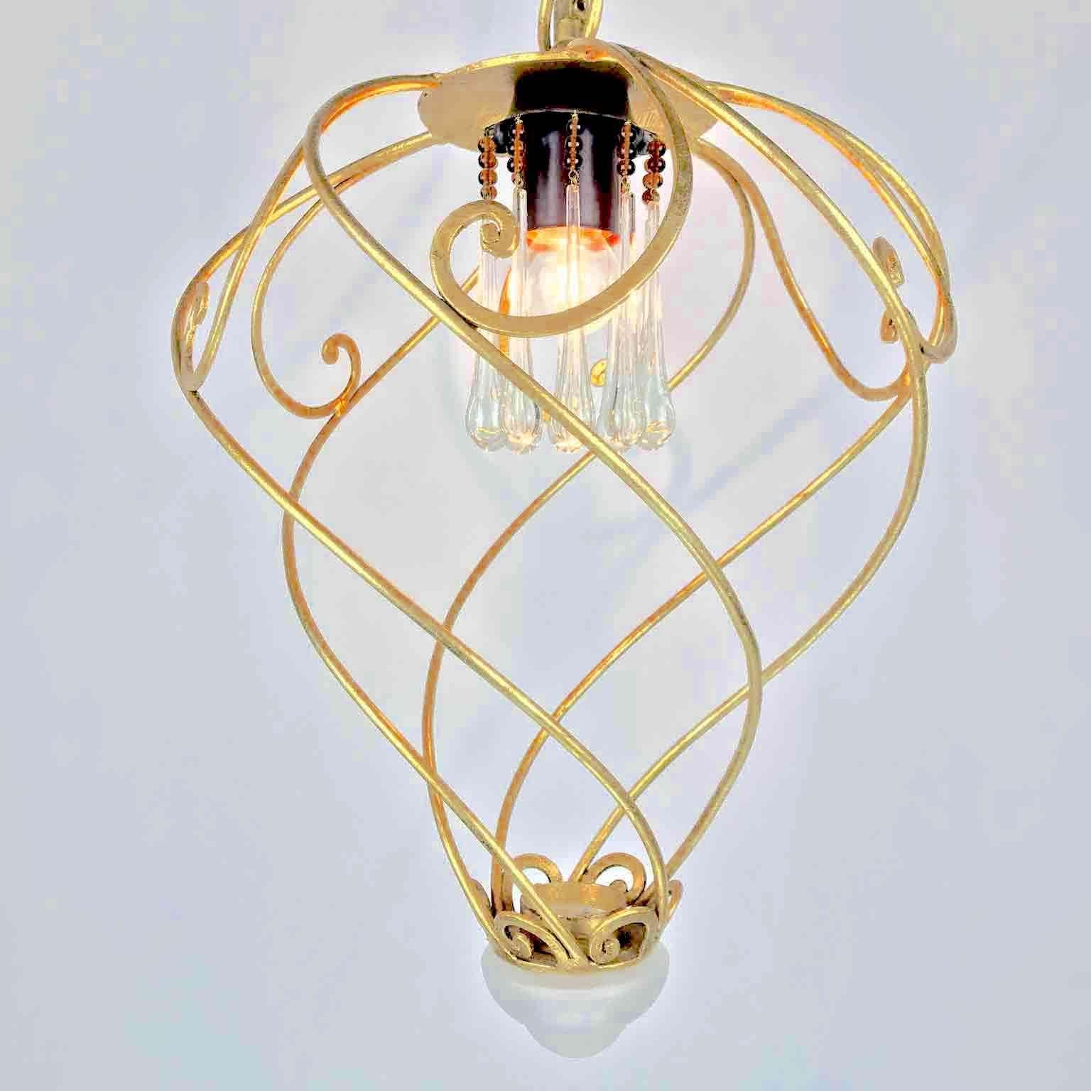 Frosted Italian Spiral Shaped Chandelier by Banci Firenze Leaf Gilded Cage 1980s