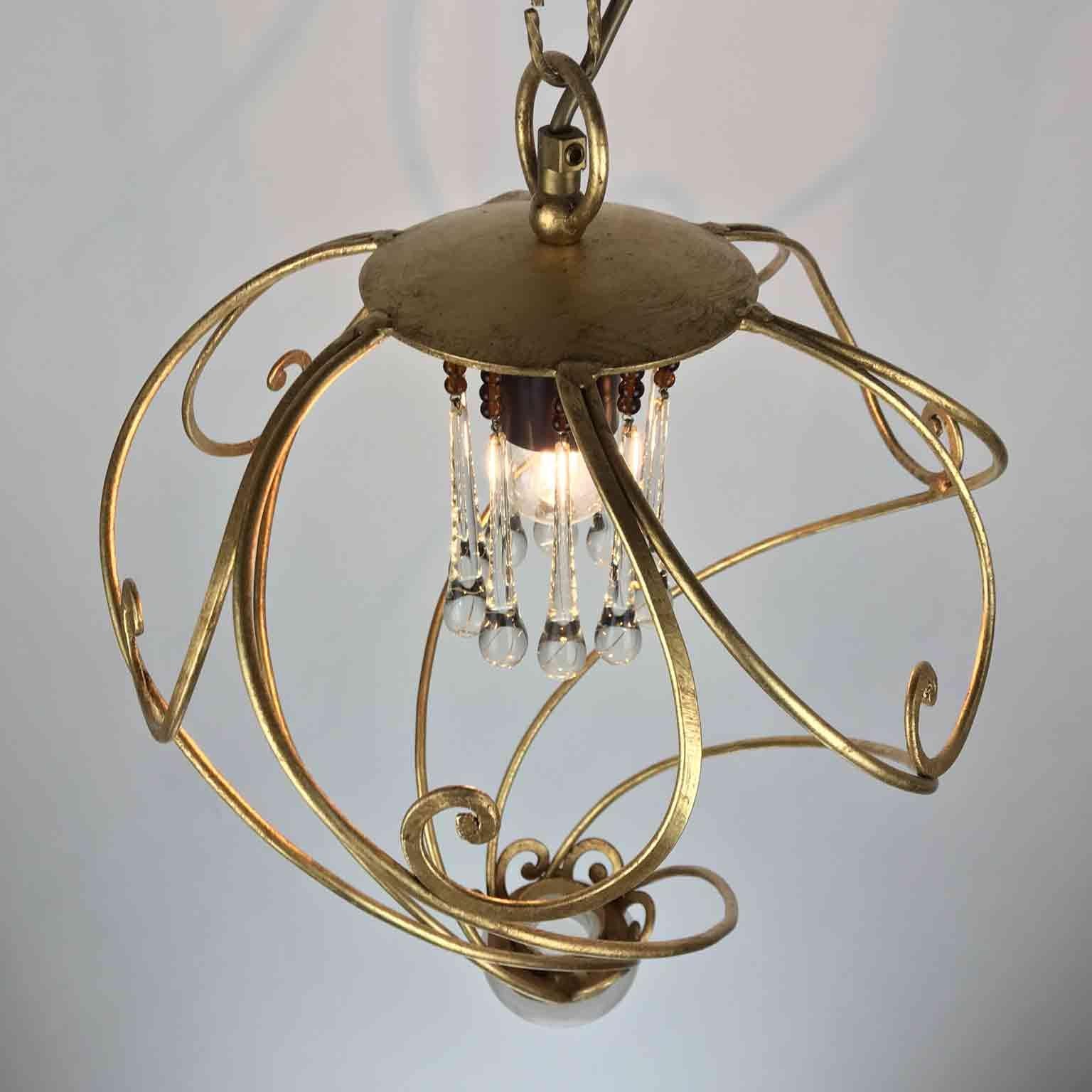 Crystal Italian Spiral Shaped Chandelier by Banci Firenze Leaf Gilded Cage 1980s
