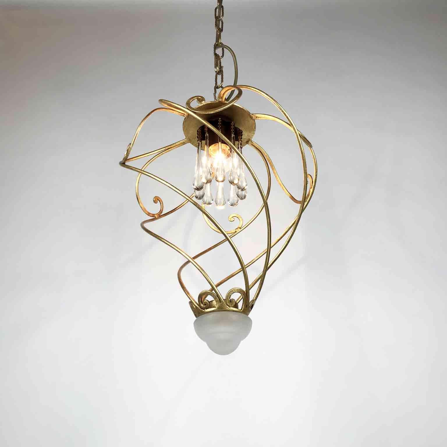 Italian Spiral Shaped Chandelier by Banci Firenze Leaf Gilded Cage 1980s 2