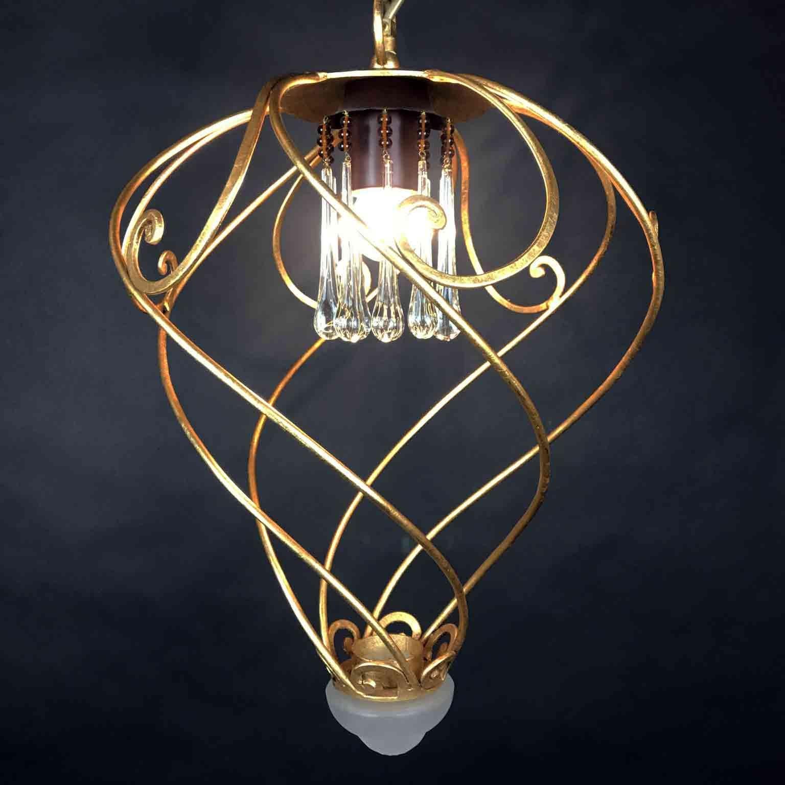 Italian Spiral Shaped Chandelier by Banci Firenze Leaf Gilded Cage 1980s 3