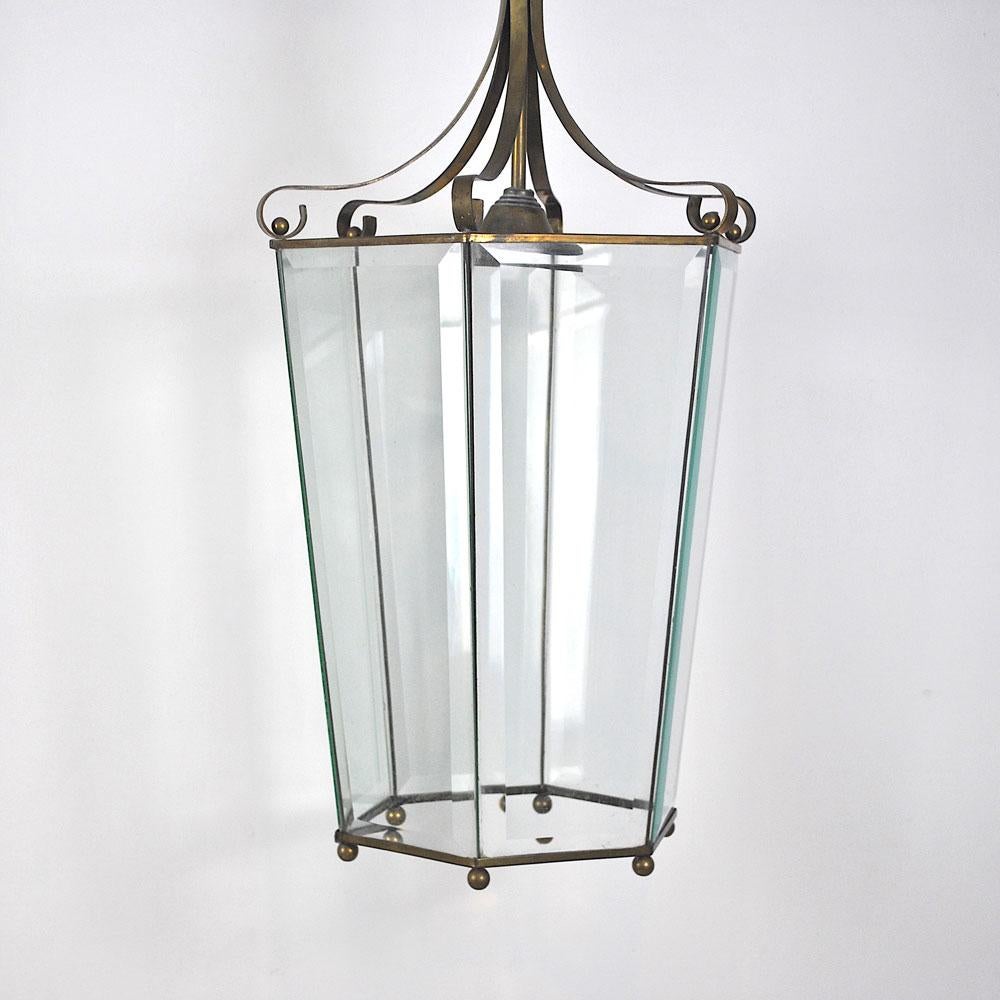 Italian extra size lantern in brass and antique glass, 1940s.