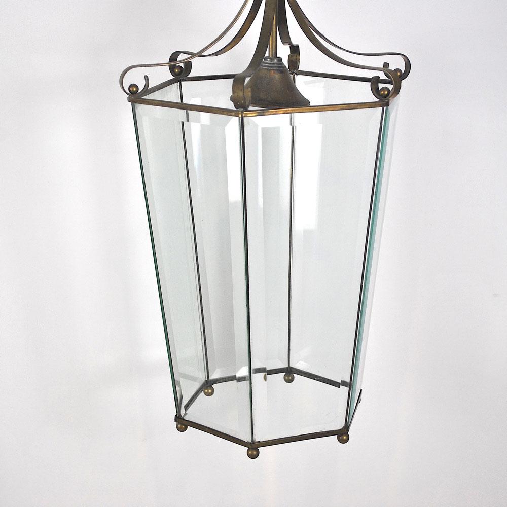 Mid-Century Modern Italian Lantern in Brass and Antique Glass, 1940s