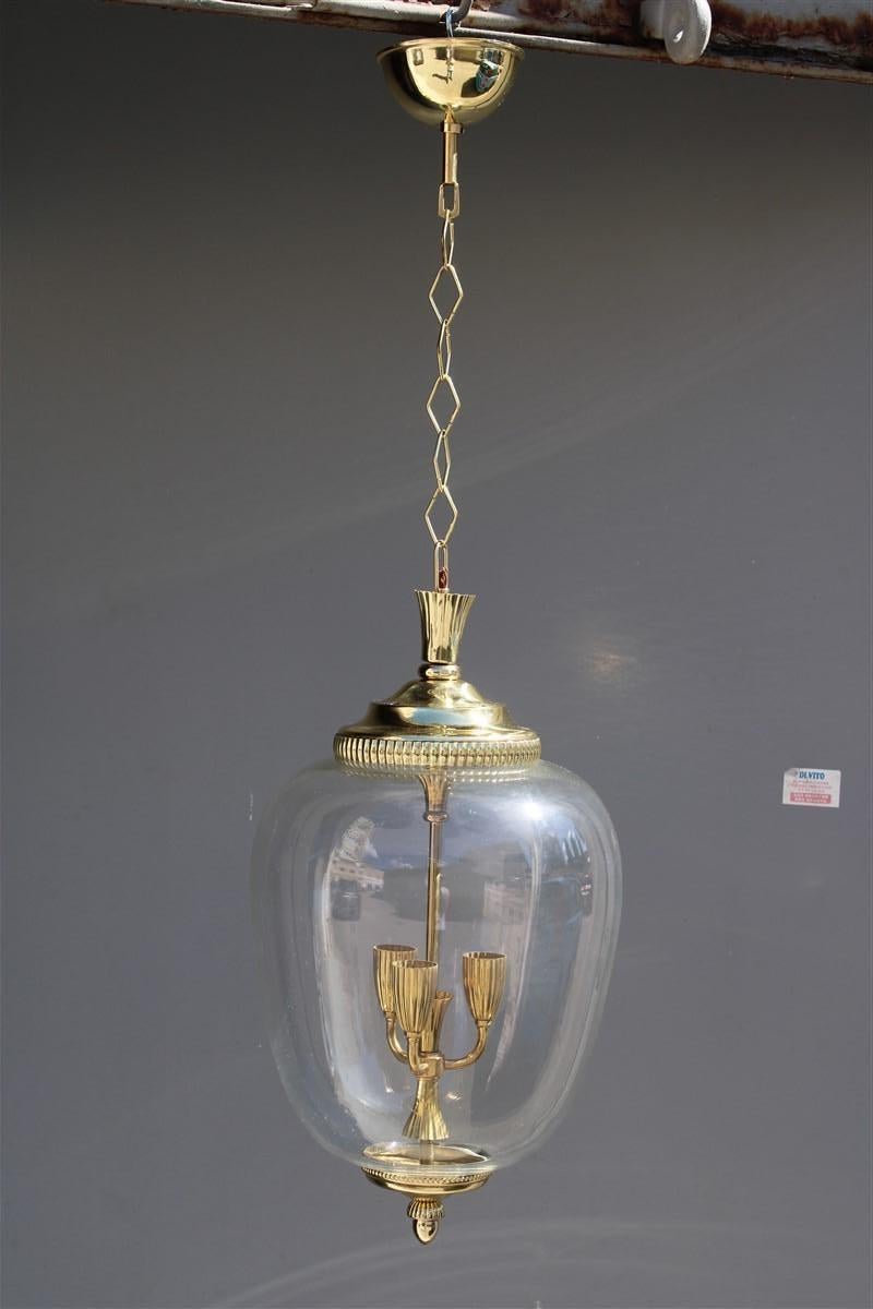 Italian Lantern in brass and clear Murano glass Mid-century 1950s.