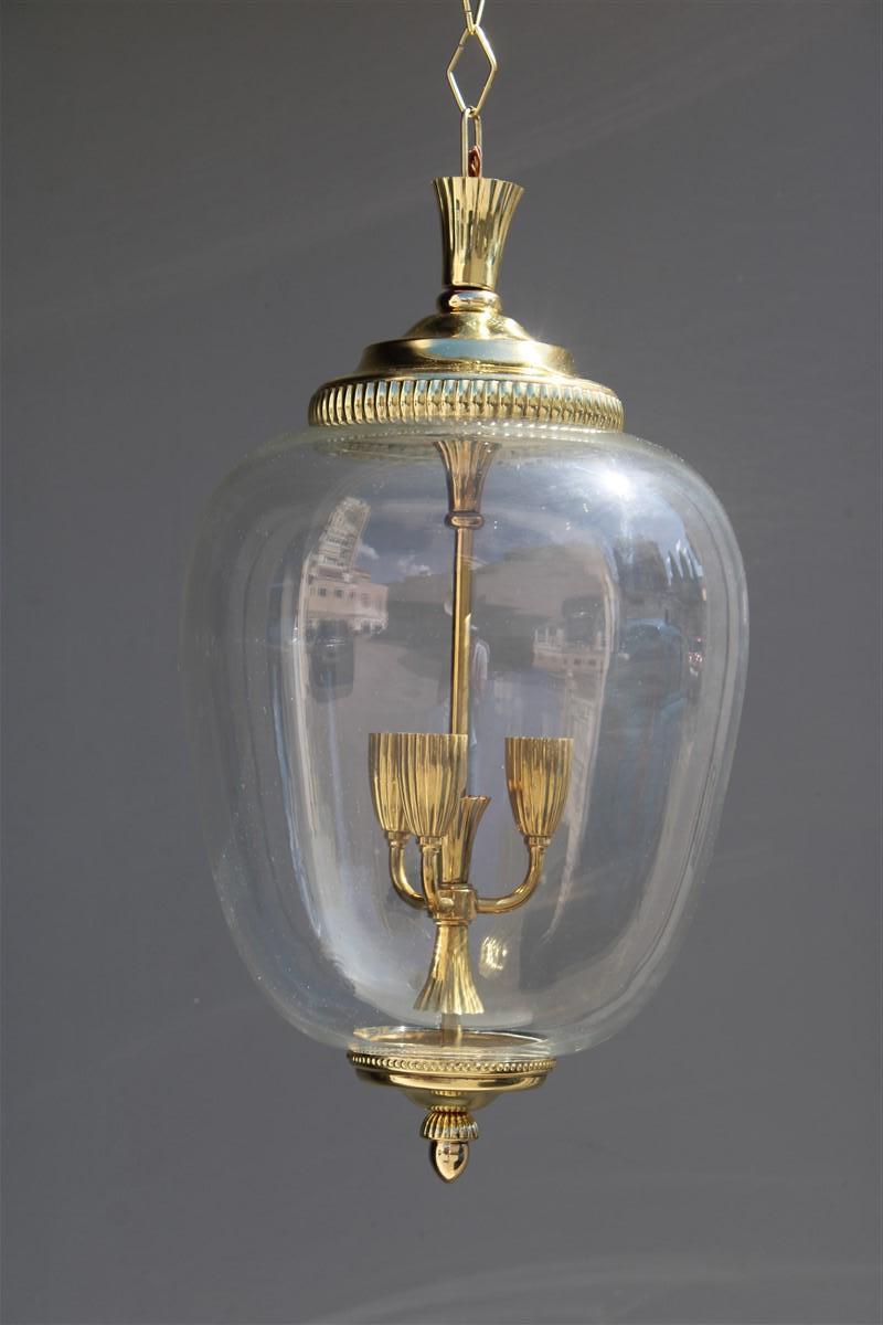 Mid-Century Modern Italian Lantern in Brass and Clear Murano Glass Mid-Century, 1950s For Sale