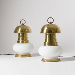 Italian Lantern Table Lamps, 1960s, Brass and Satin Glass