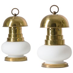 Italian Lantern Table Lamps, 1960s, Brass and Satin Glass