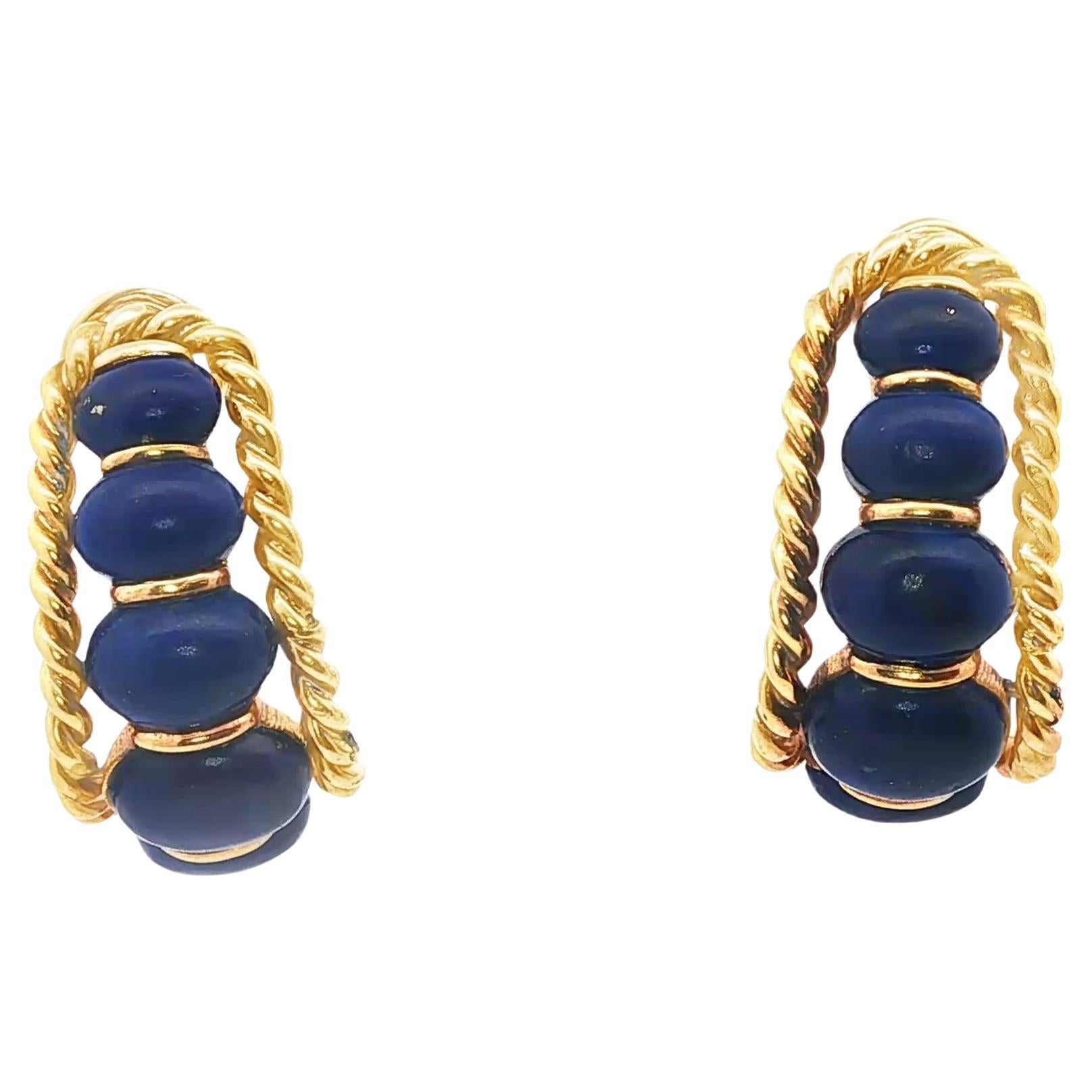 Italian Lapis Bead and Gold Earrings, circa 1980s en vente