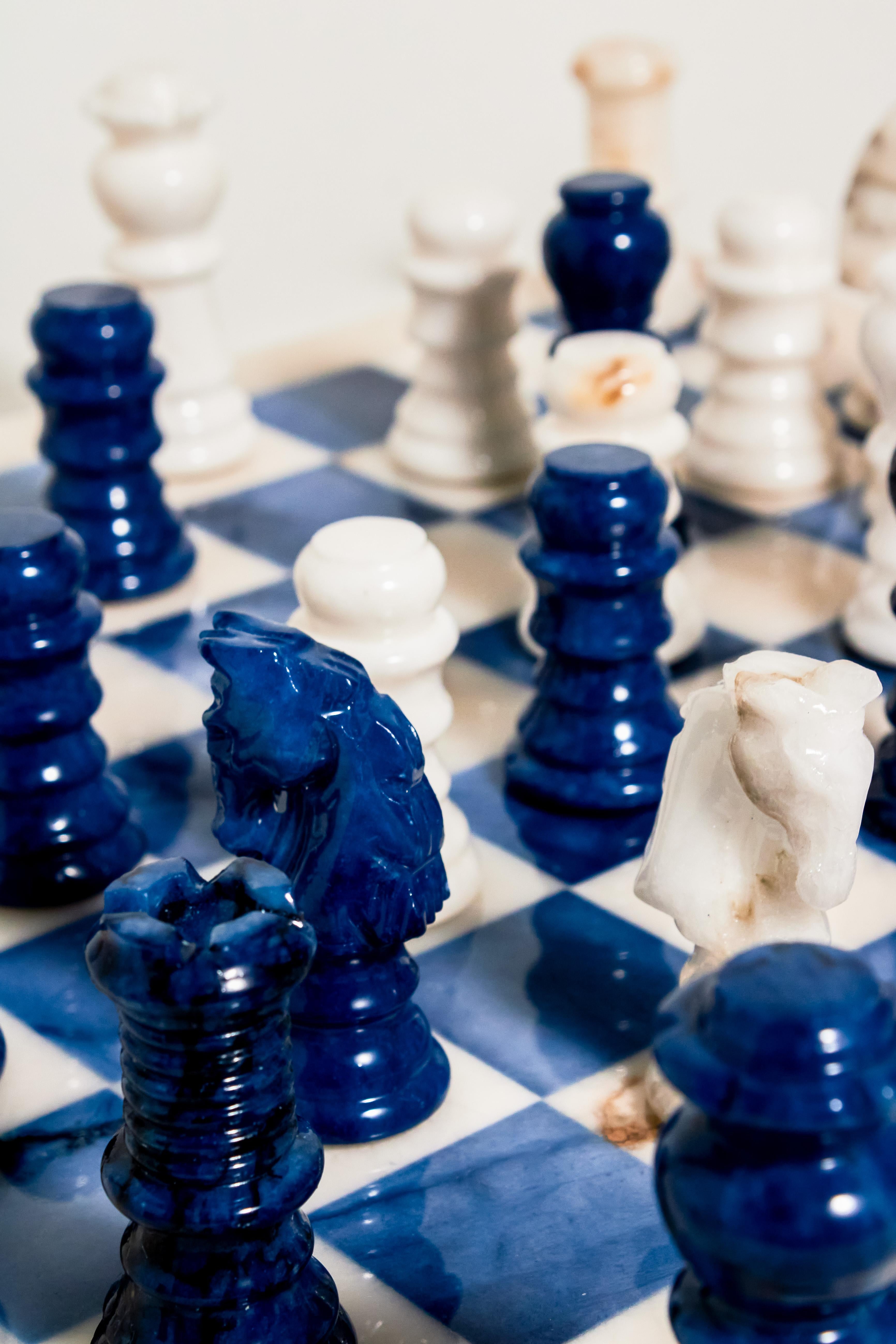 Italian Lapis Blue Alabaster Marble Chess Set In New Condition In New York, NY