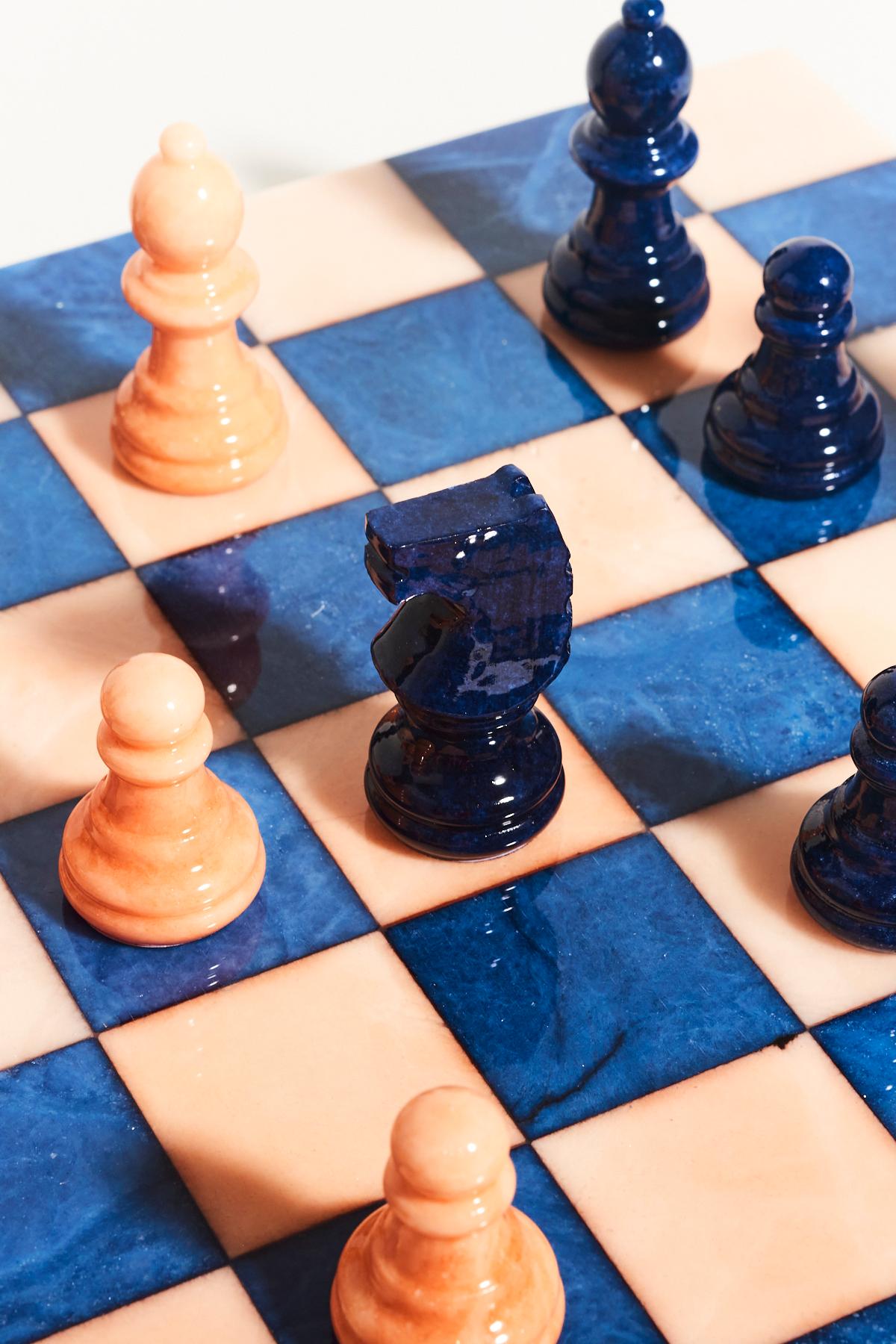 Contemporary Italian Lapis Blue/Peach Large Alabaster Chess Set