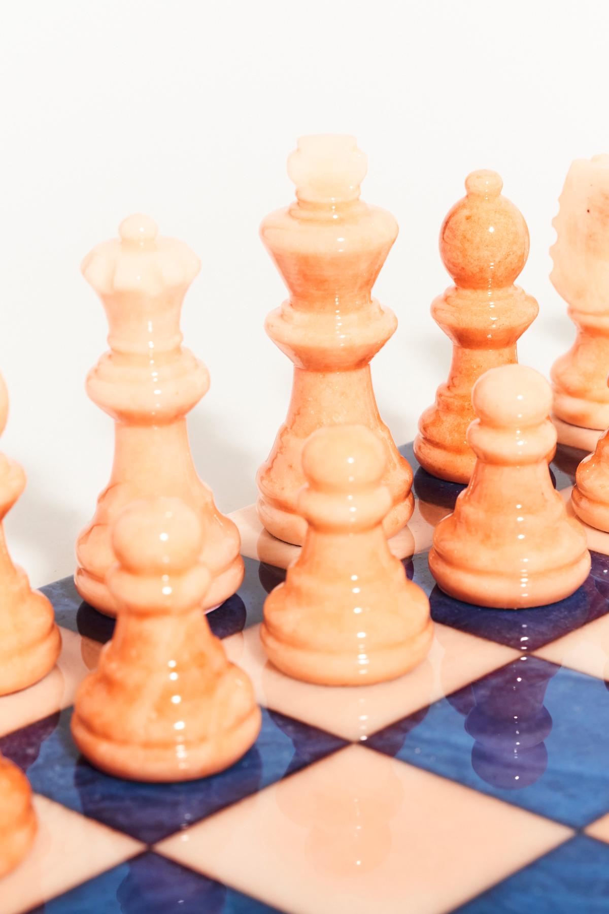 Italian Lapis Blue/Peach Large Alabaster Chess Set 2