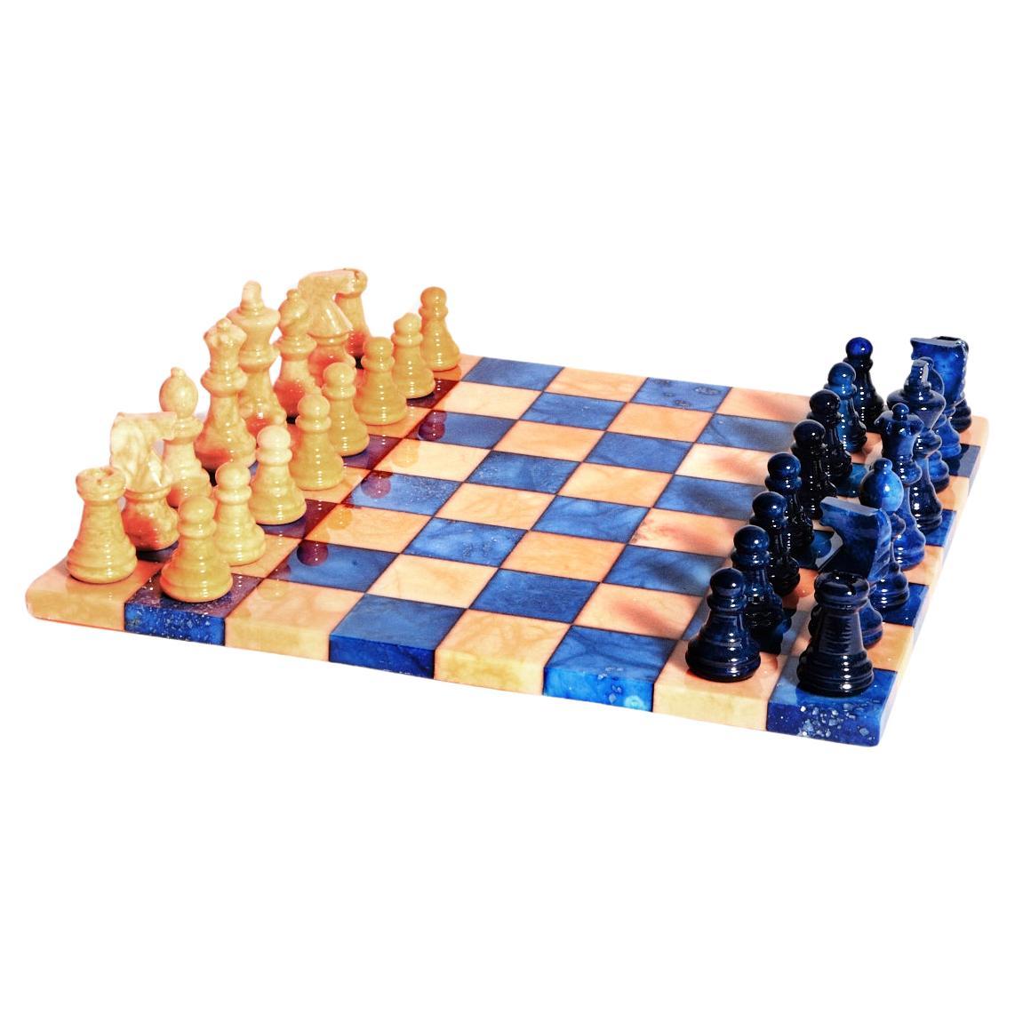 Grand jeu d'échecs italien en albâtre bleu lapis/pêche