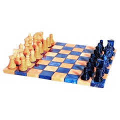 Grand jeu d'échecs italien en albâtre bleu lapis/pêche