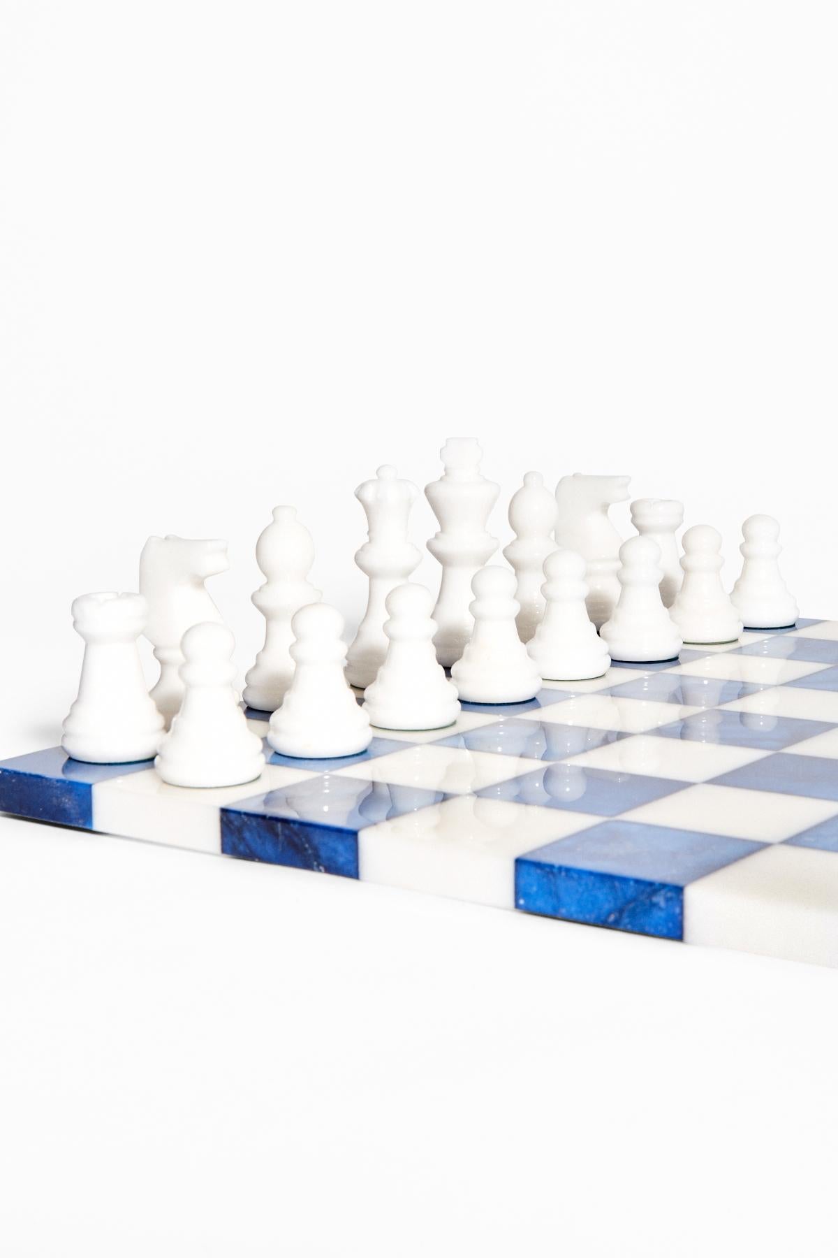 Contemporary Italian Lapis Blue/White Large Alabaster Chess Set