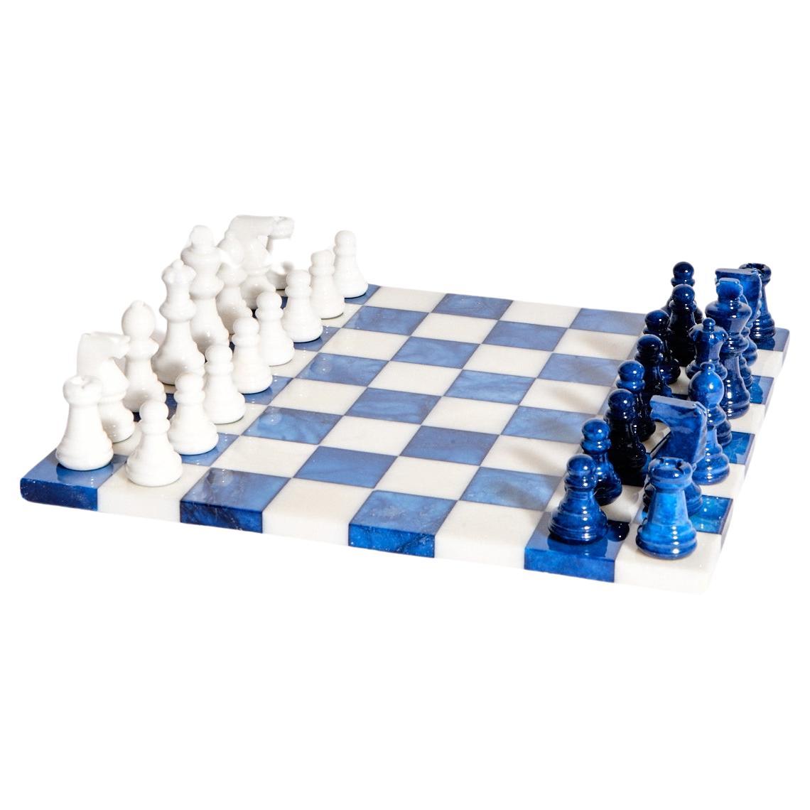 Italian Lapis Blue/White Large Alabaster Chess Set For Sale