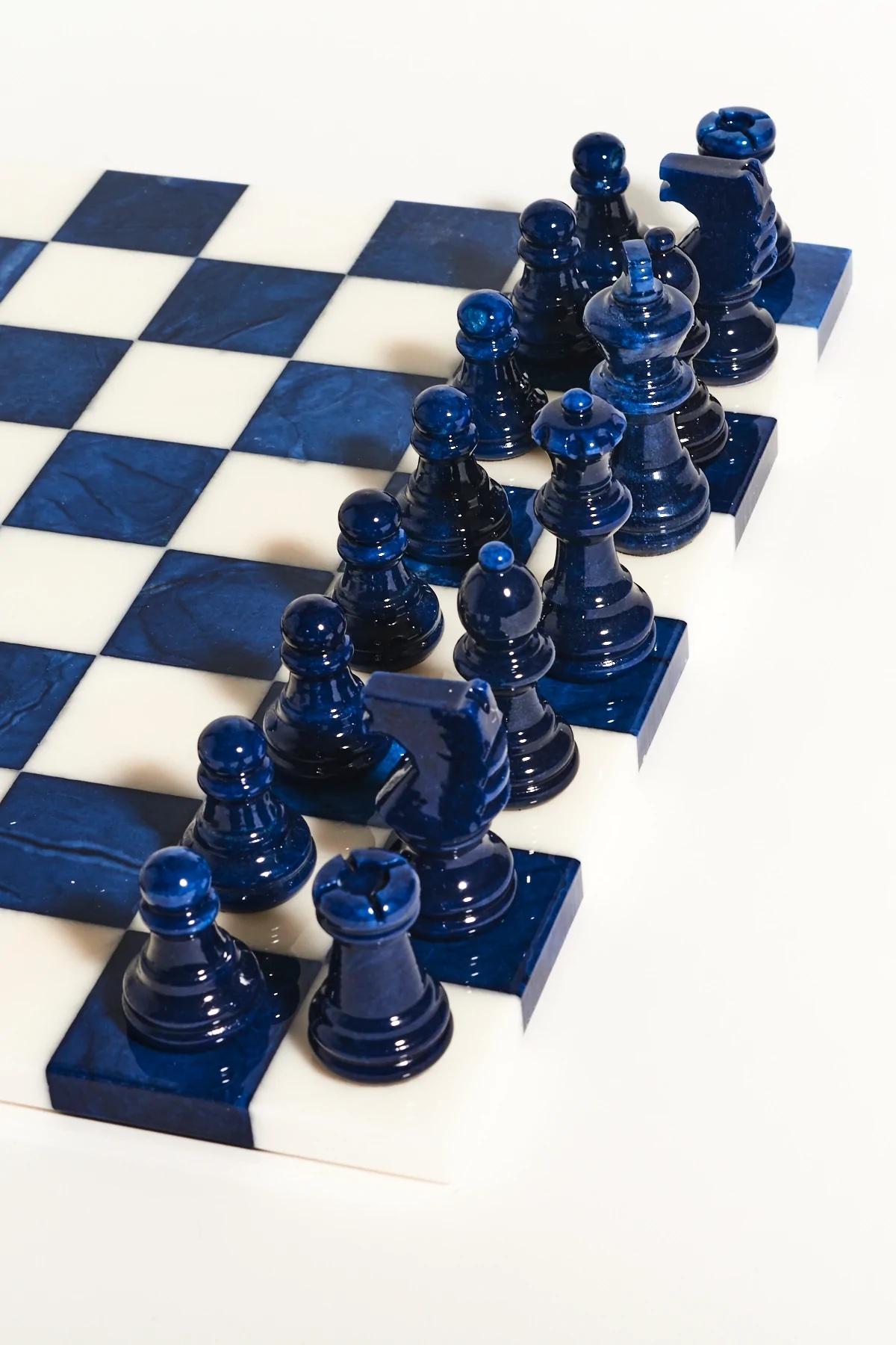 blue and white marble chess set