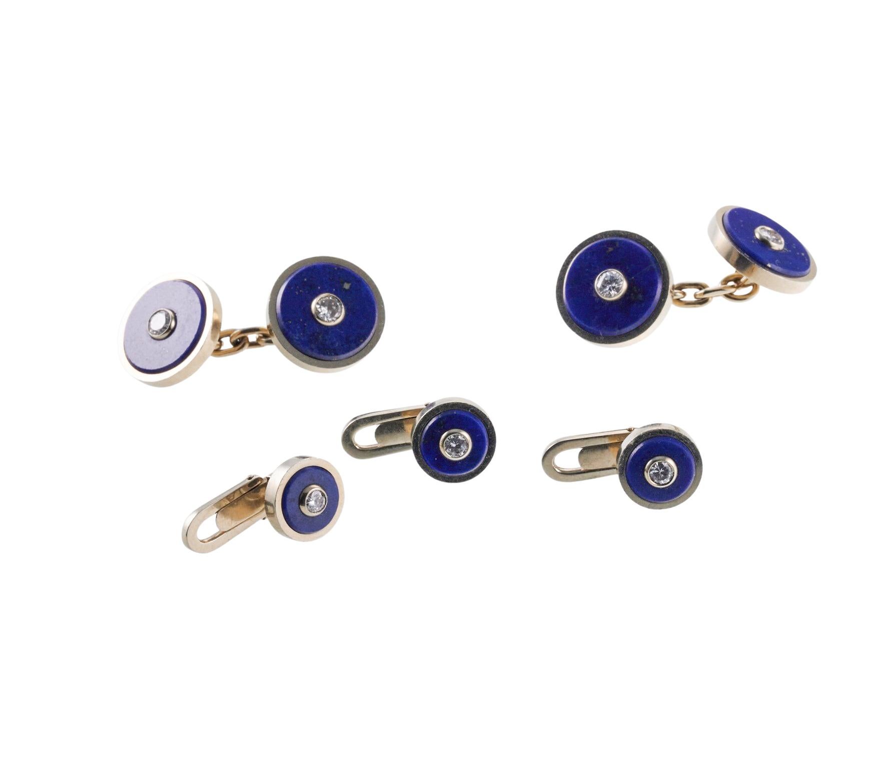 Set of 18k gold Italian made cufflinks and studs - set with lapis lazuli and a diamond in the center. Cufflink top measures 13mm in diameter, stud - 8mm. Diamond total approx. 0.35ctw H/VS. Set comes in original retailer's fitted box - Piccini of