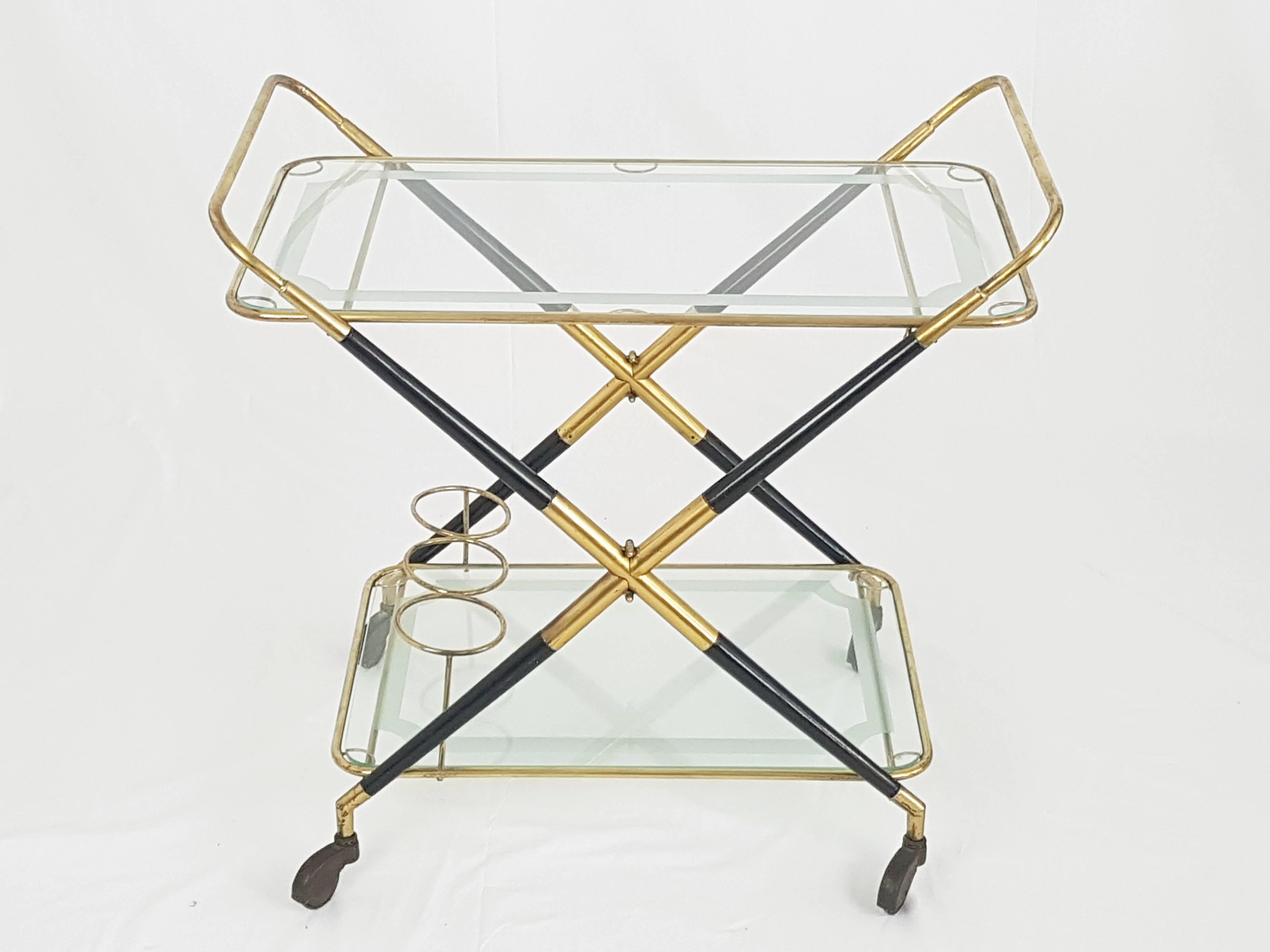 Mid-Century Modern Italian Laquered Wood, Brass and Glass 1950s Serving Bar Cart by Cesare Lacca
